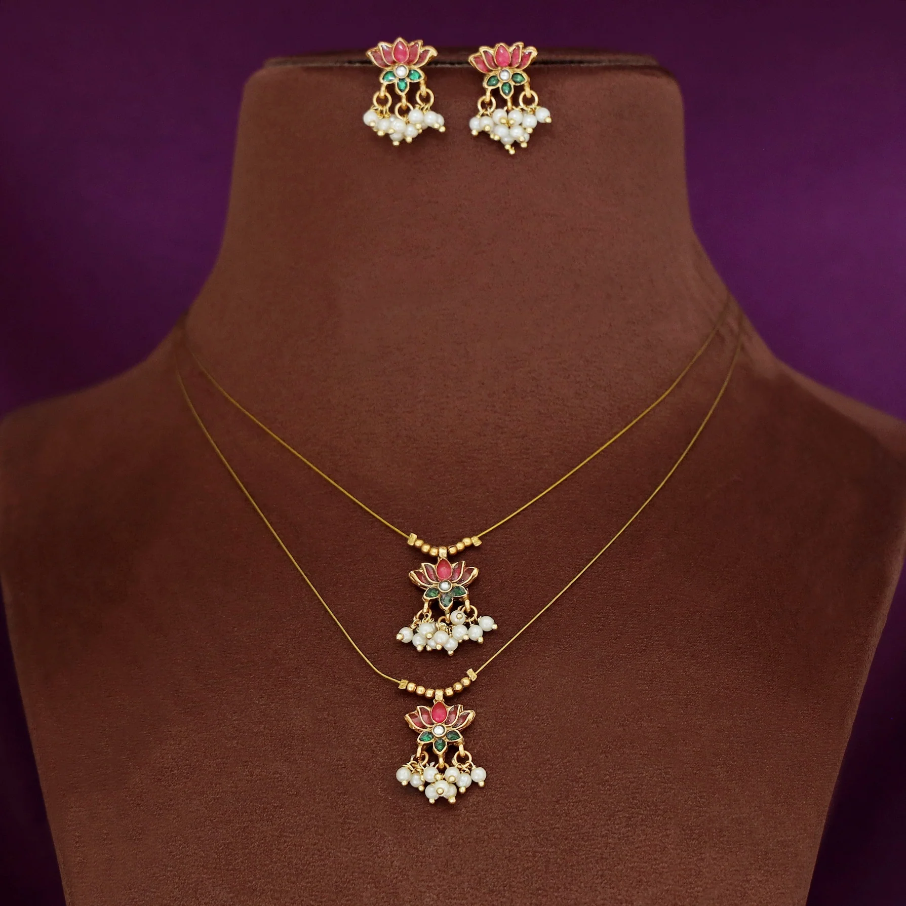 Arusha Mini Lotus Pearl Dual String Neckpiece with Earring - Image 2