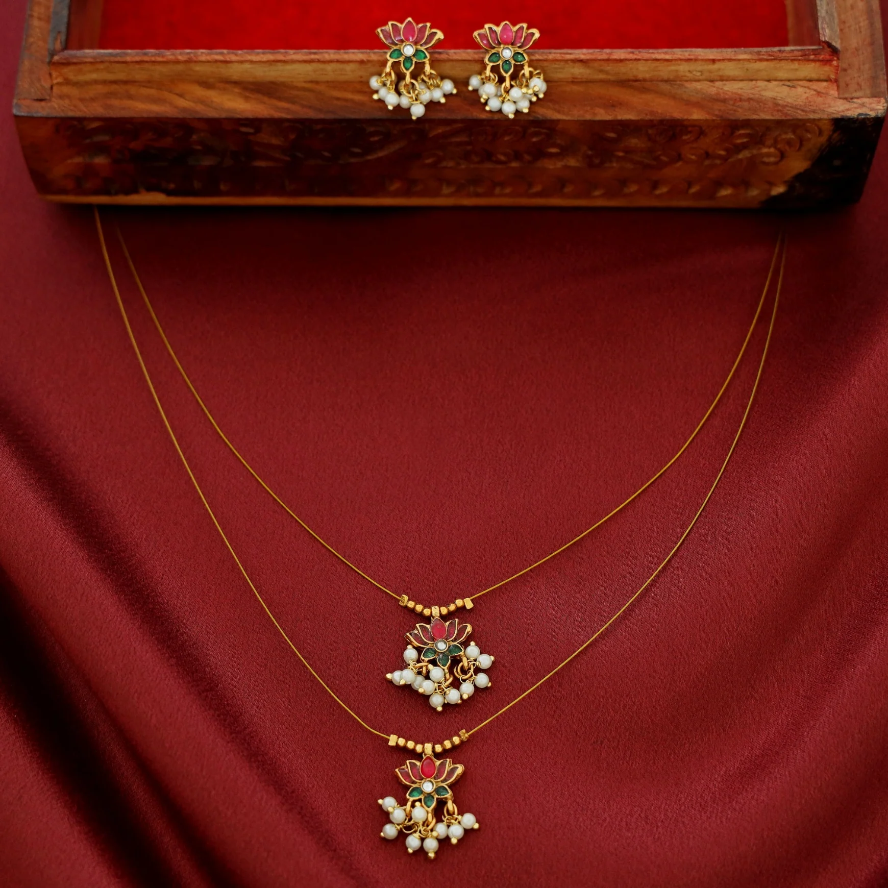 Arusha Mini Lotus Pearl Dual String Neckpiece with Earring - Image 3