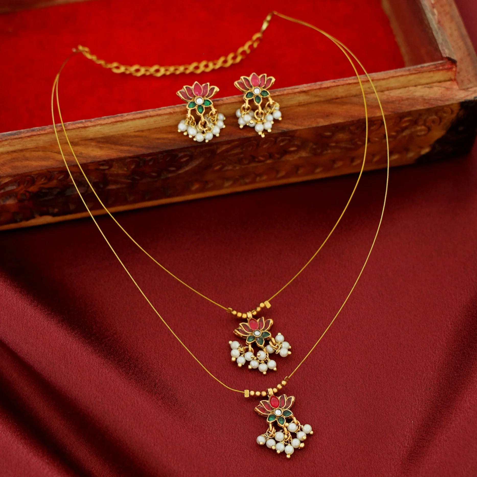 Arusha Mini Lotus Pearl Dual String Neckpiece with Earring - Image 4