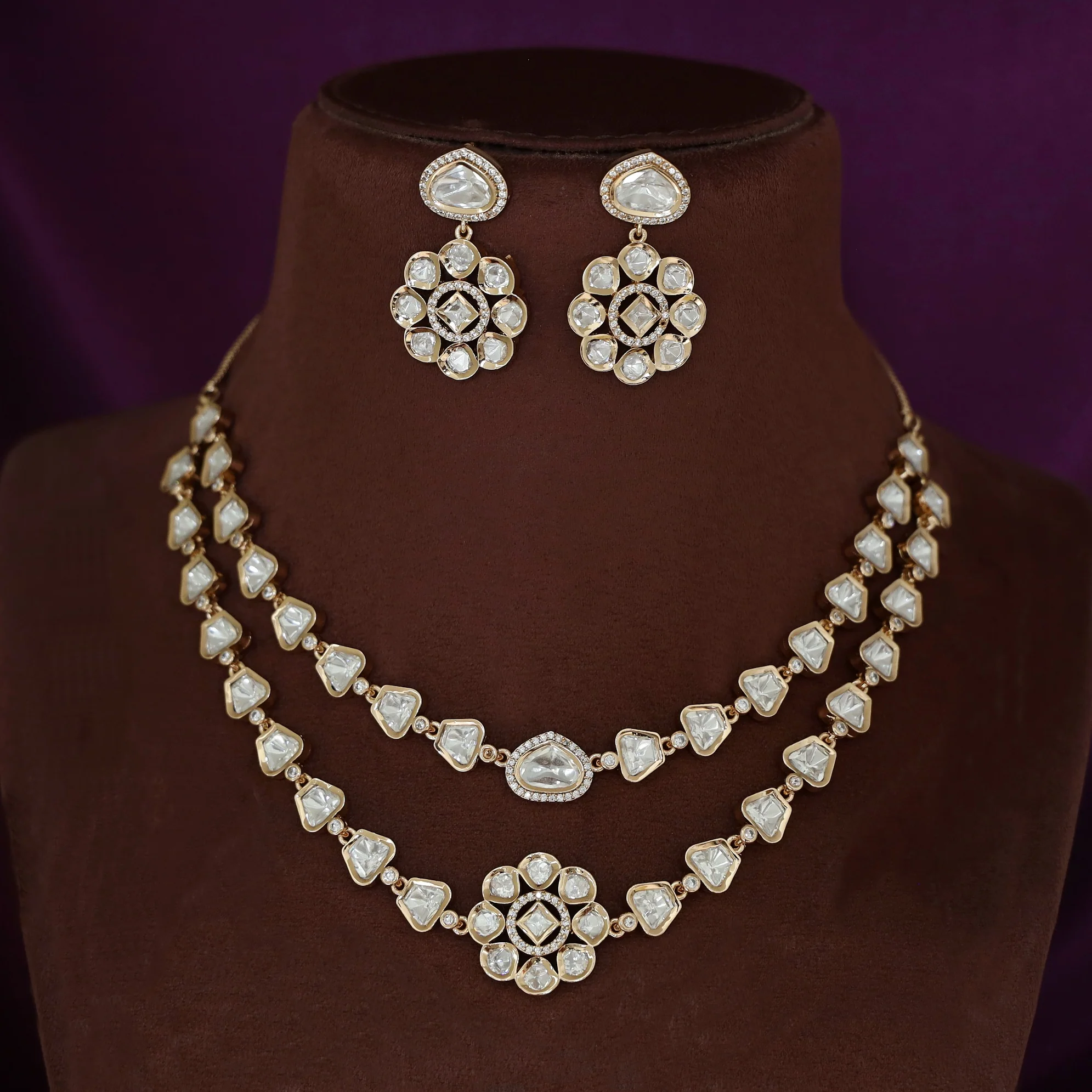 Premium Asael 2 Layer Kundan Flower Neckpiece With Earring - Image 2