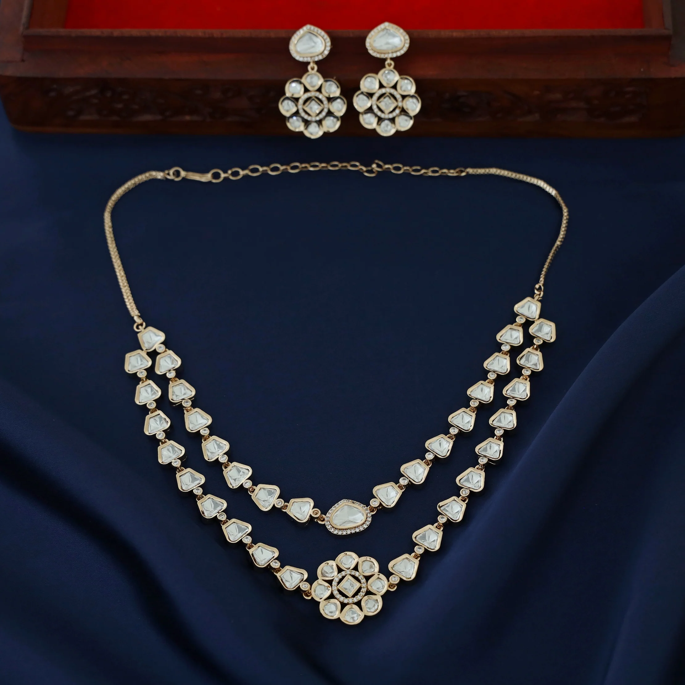 Premium Asael 2 Layer Kundan Flower Neckpiece With Earring - Image 3