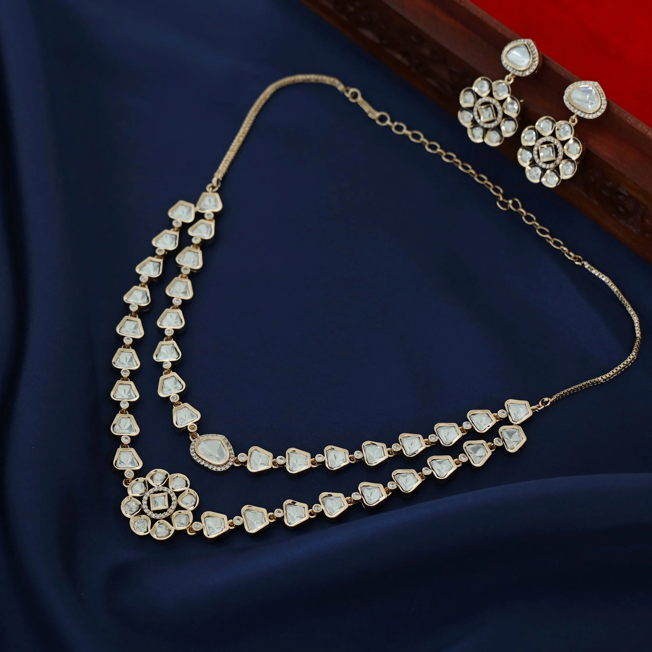 Premium Asael 2 Layer Kundan Flower Neckpiece With Earring - Image 4