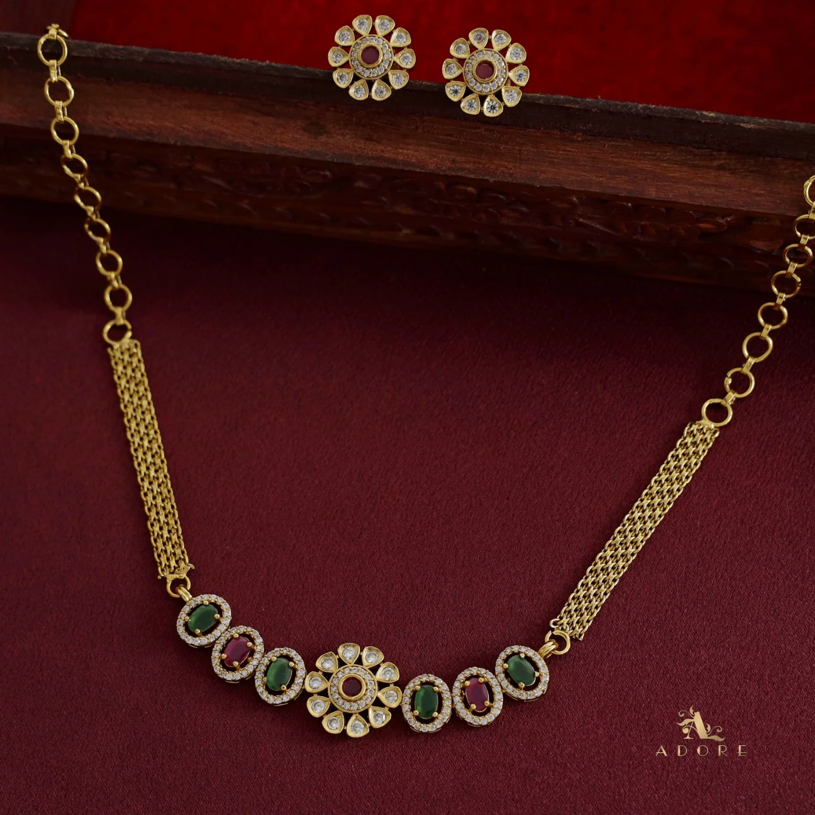 Ashisha Flower Glossy Oval AD Choker/ Short Neckpiece with Earring - Image 11