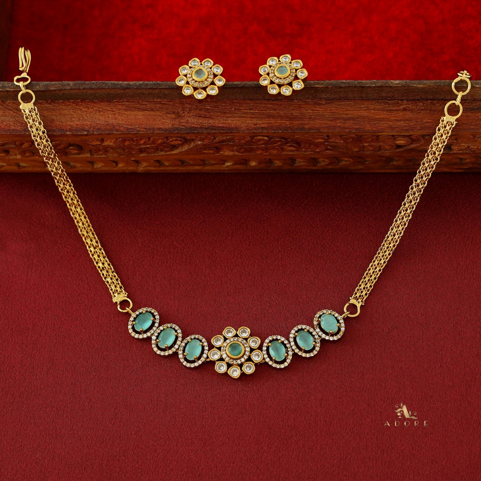 Ashisha Flower Glossy Oval AD Choker/ Short Neckpiece with Earring - Image 12