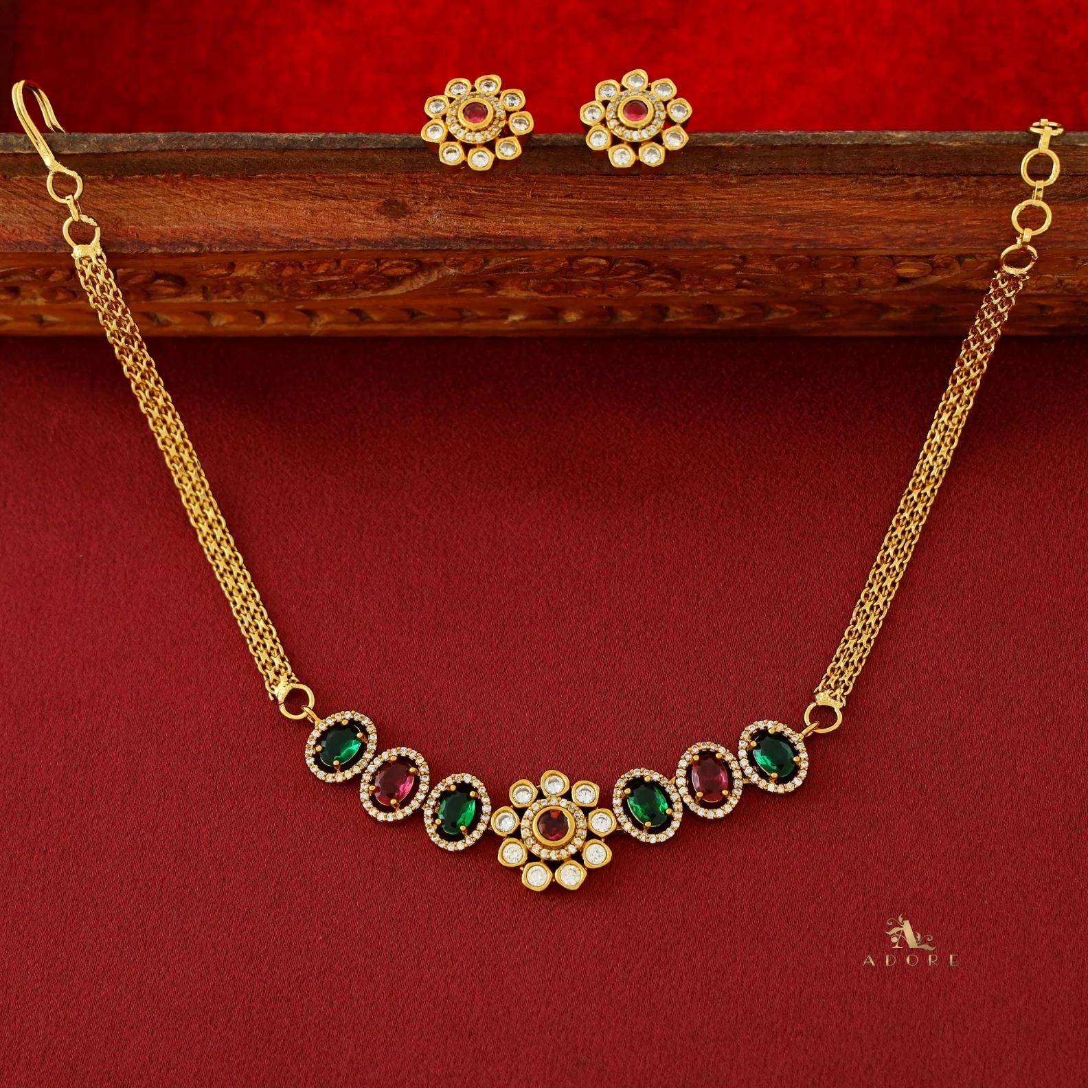 Ashisha Flower Glossy Oval AD Choker/ Short Neckpiece with Earring - Image 13