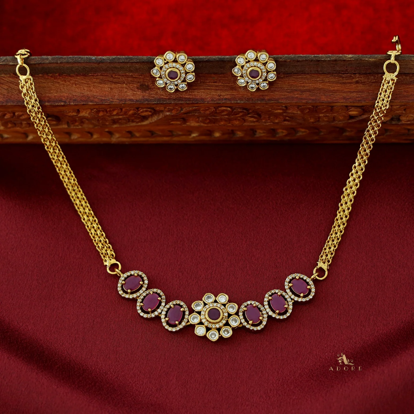 Ashisha Flower Glossy Oval AD Choker/ Short Neckpiece with Earring - Image 14