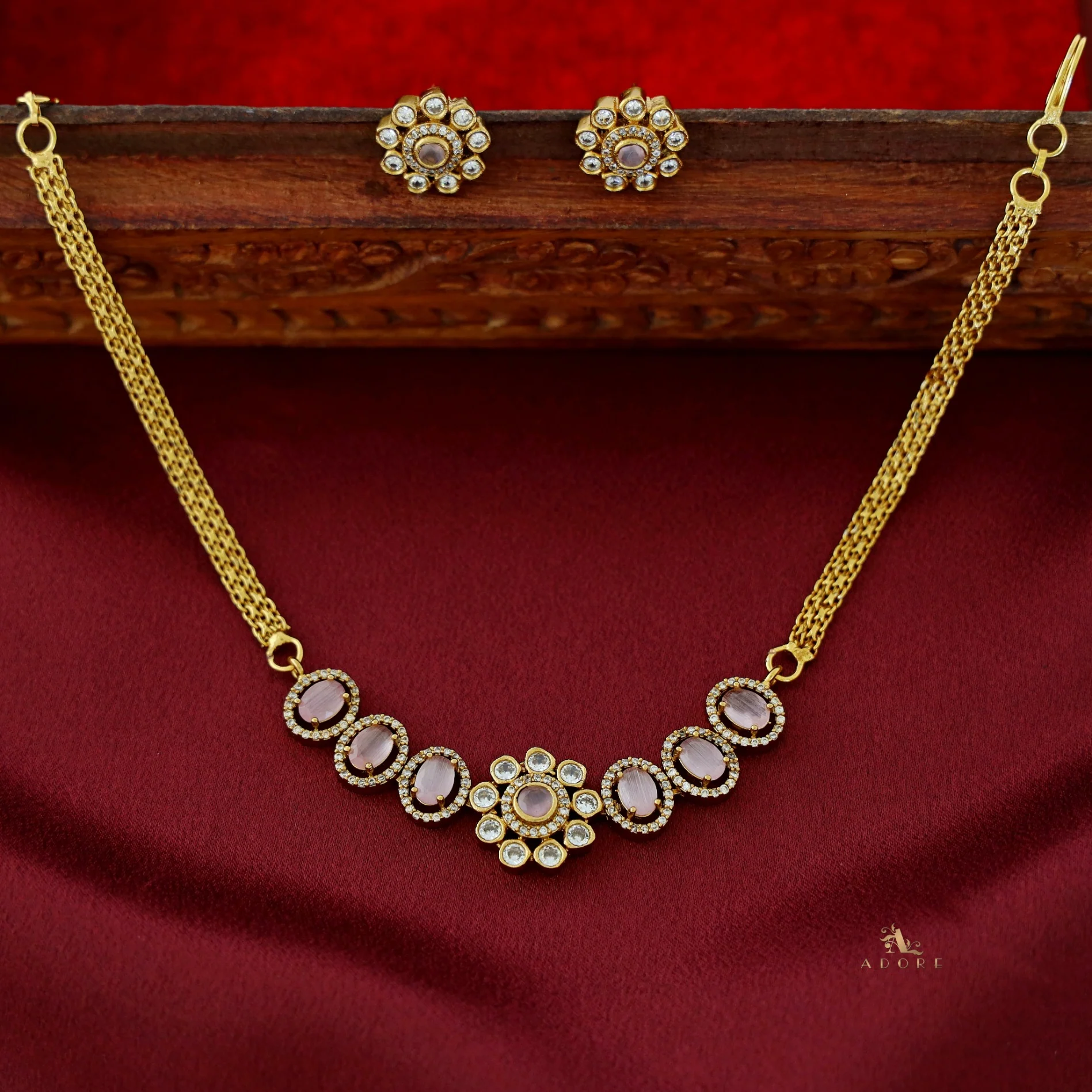 Ashisha Flower Glossy Oval AD Choker/ Short Neckpiece with Earring - Image 15