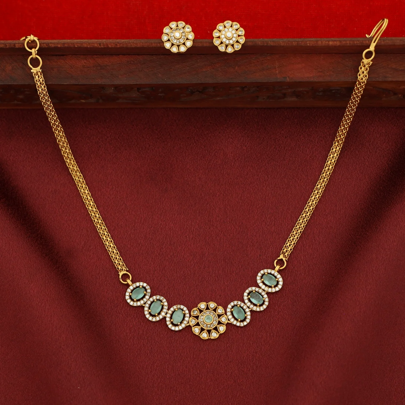 Ashisha Flower Glossy Oval AD Choker/ Short Neckpiece with Earring - Image 17