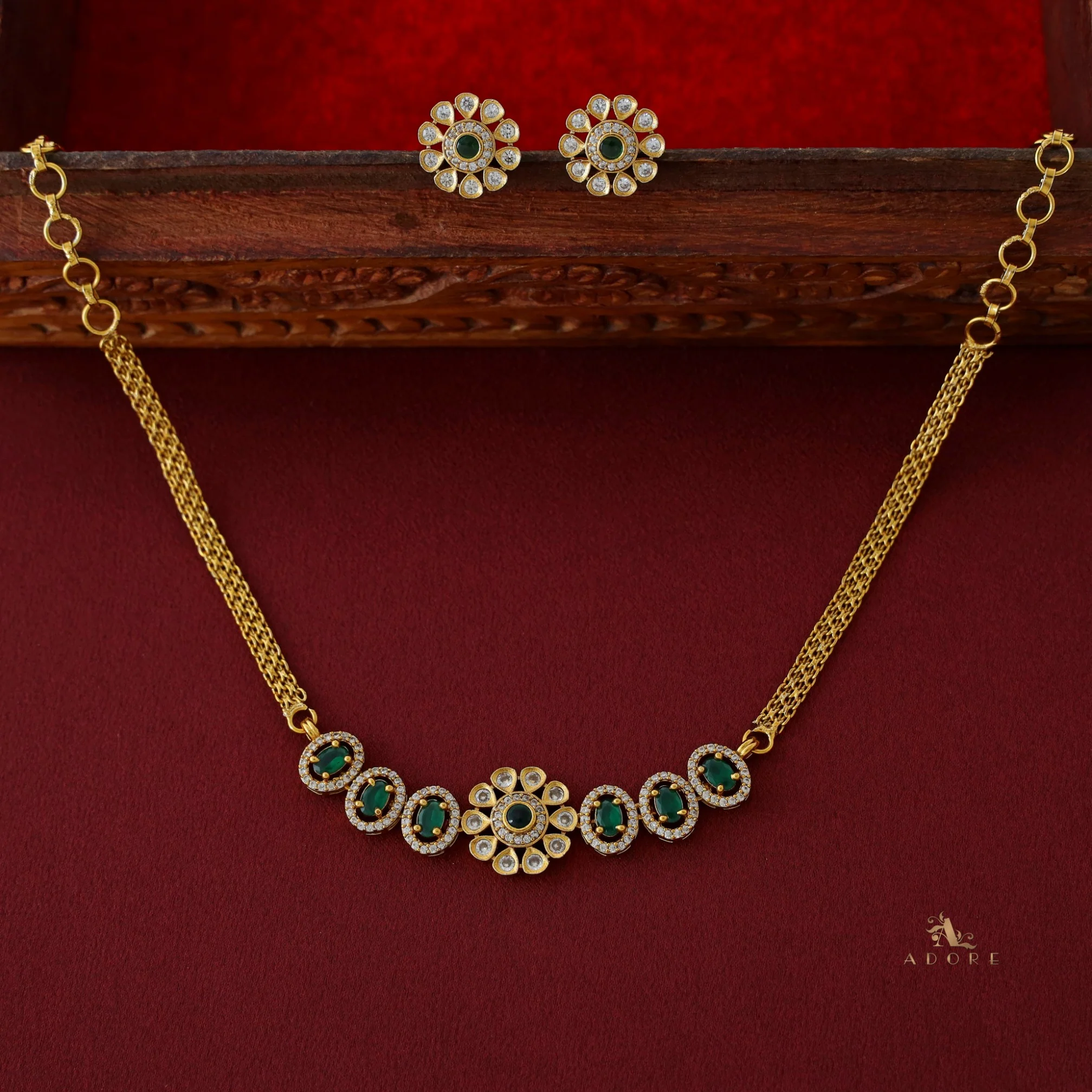 Ashisha Flower Glossy Oval AD Choker/ Short Neckpiece with Earring - Image 2