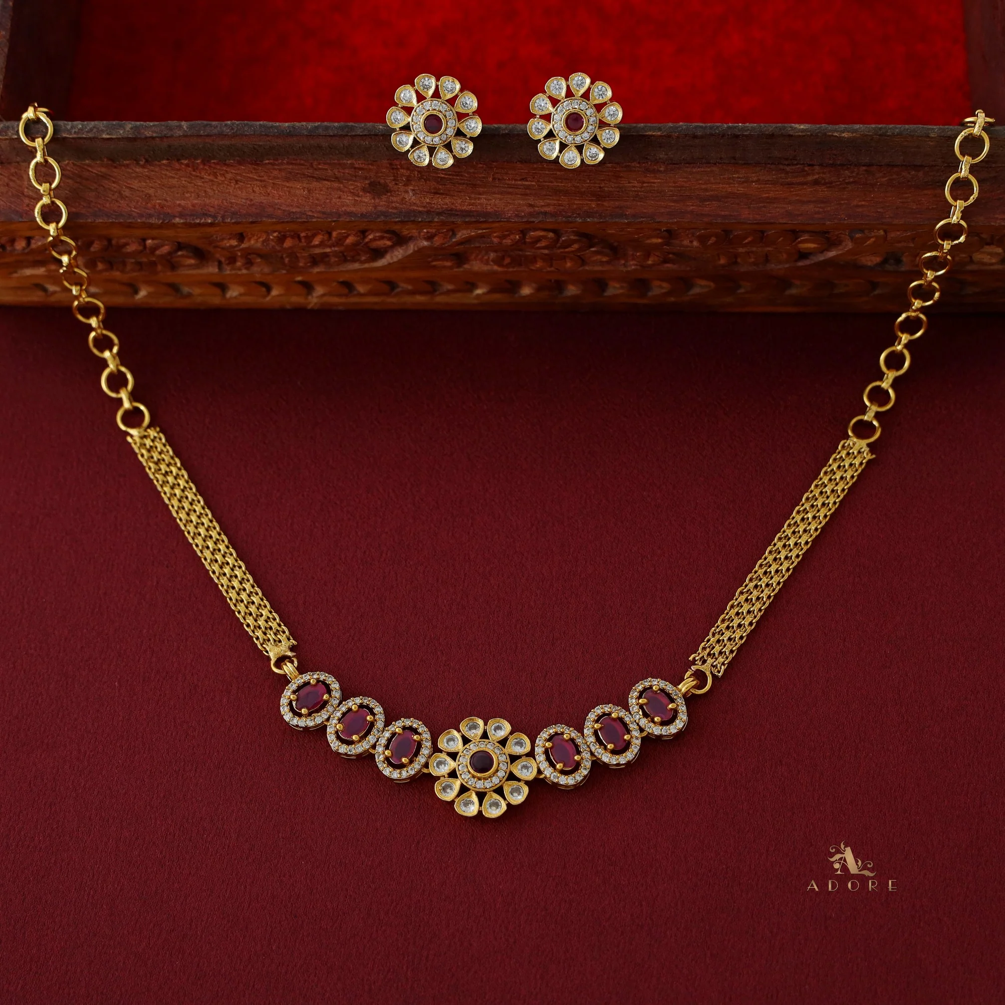 Ashisha Flower Glossy Oval AD Choker/ Short Neckpiece with Earring - Image 3