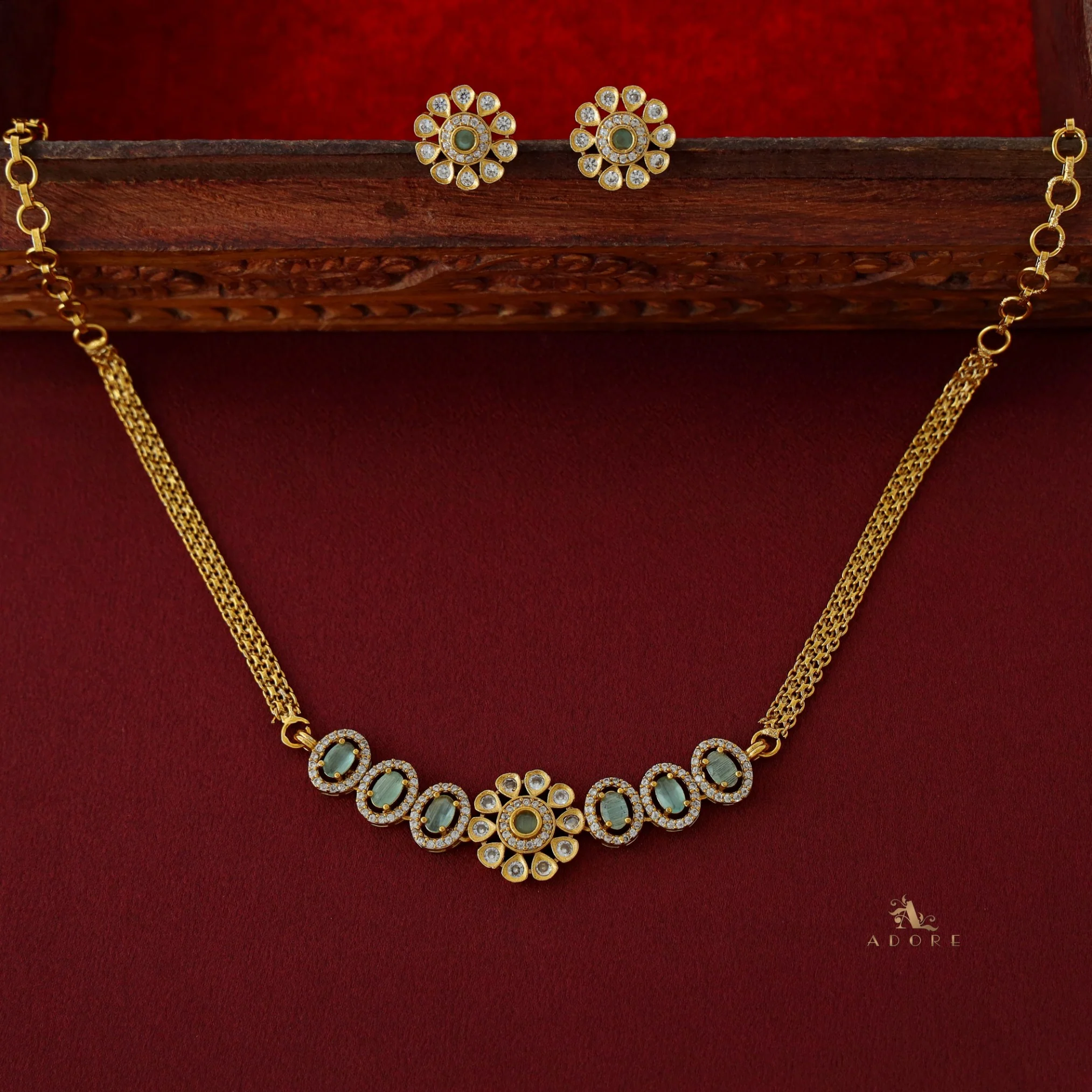 Ashisha Flower Glossy Oval AD Choker/ Short Neckpiece with Earring - Image 4