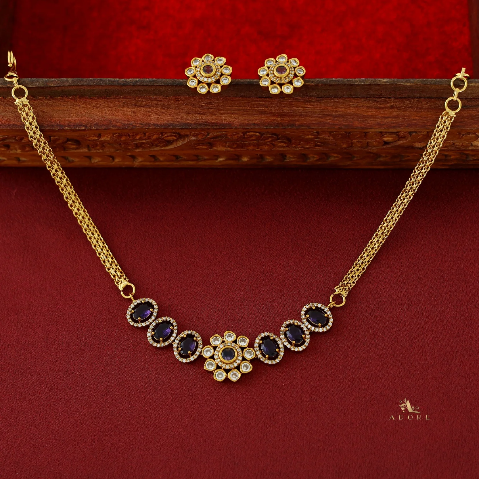 Ashisha Flower Glossy Oval AD Choker/ Short Neckpiece with Earring - Image 6