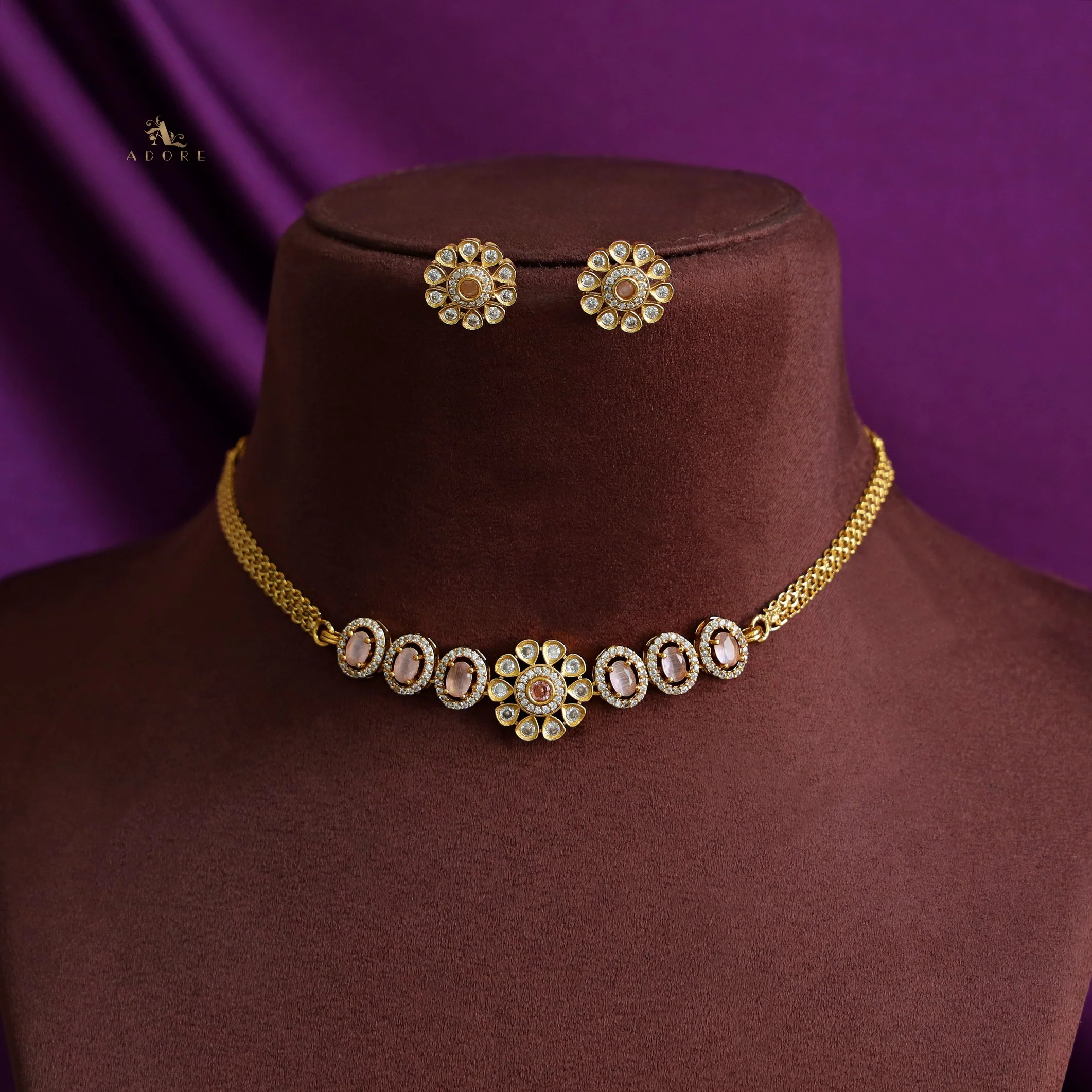 Ashisha Flower Glossy Oval AD Choker/ Short Neckpiece with Earring - Image 7