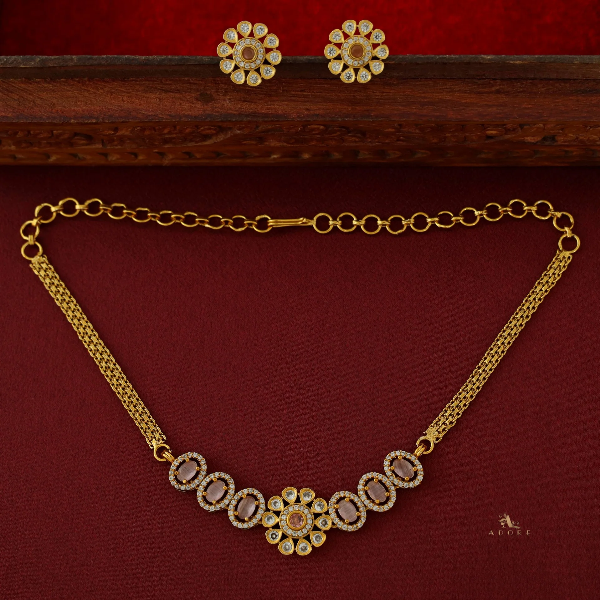Ashisha Flower Glossy Oval AD Choker/ Short Neckpiece with Earring - Image 8
