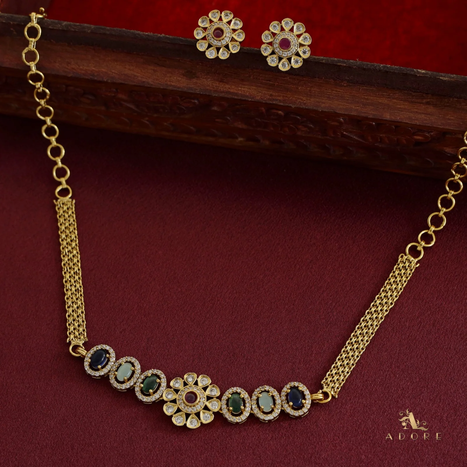 Ashisha Flower Glossy Oval AD Choker/ Short Neckpiece with Earring - Image 9