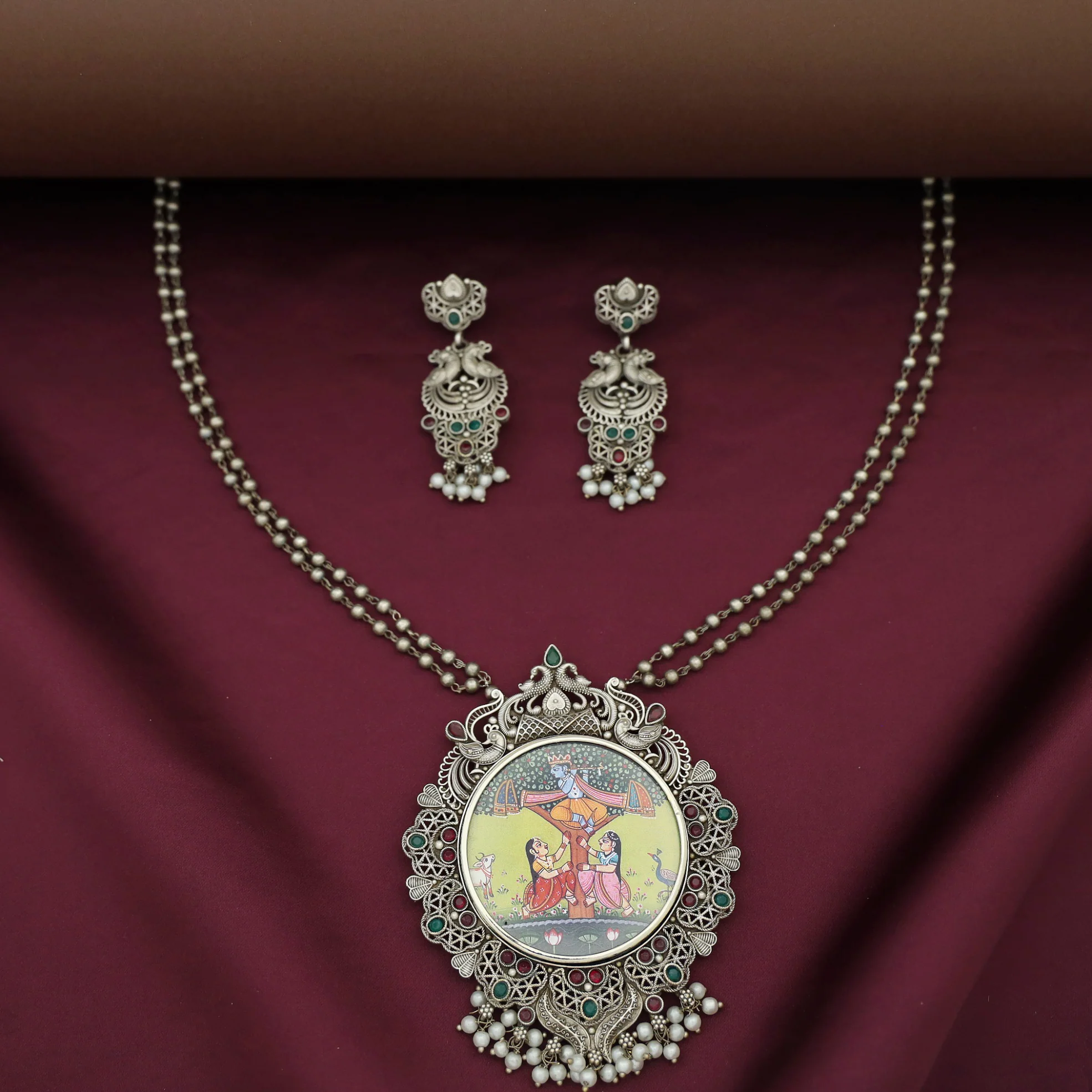 Ashly Antique Silver 2 Layer Ball Pendant Neckpiece With Earring - Image 2