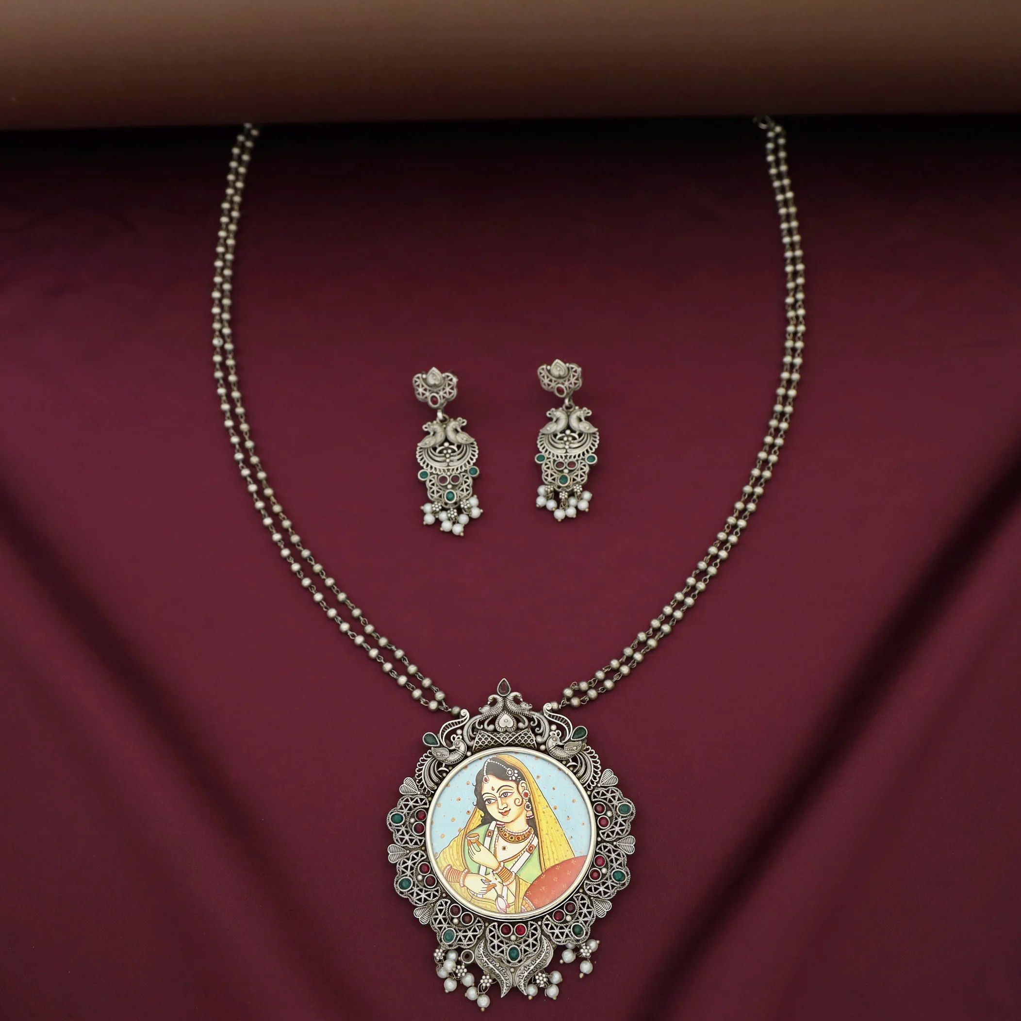 Ashly Antique Silver 2 Layer Ball Pendant Neckpiece With Earring - Image 4