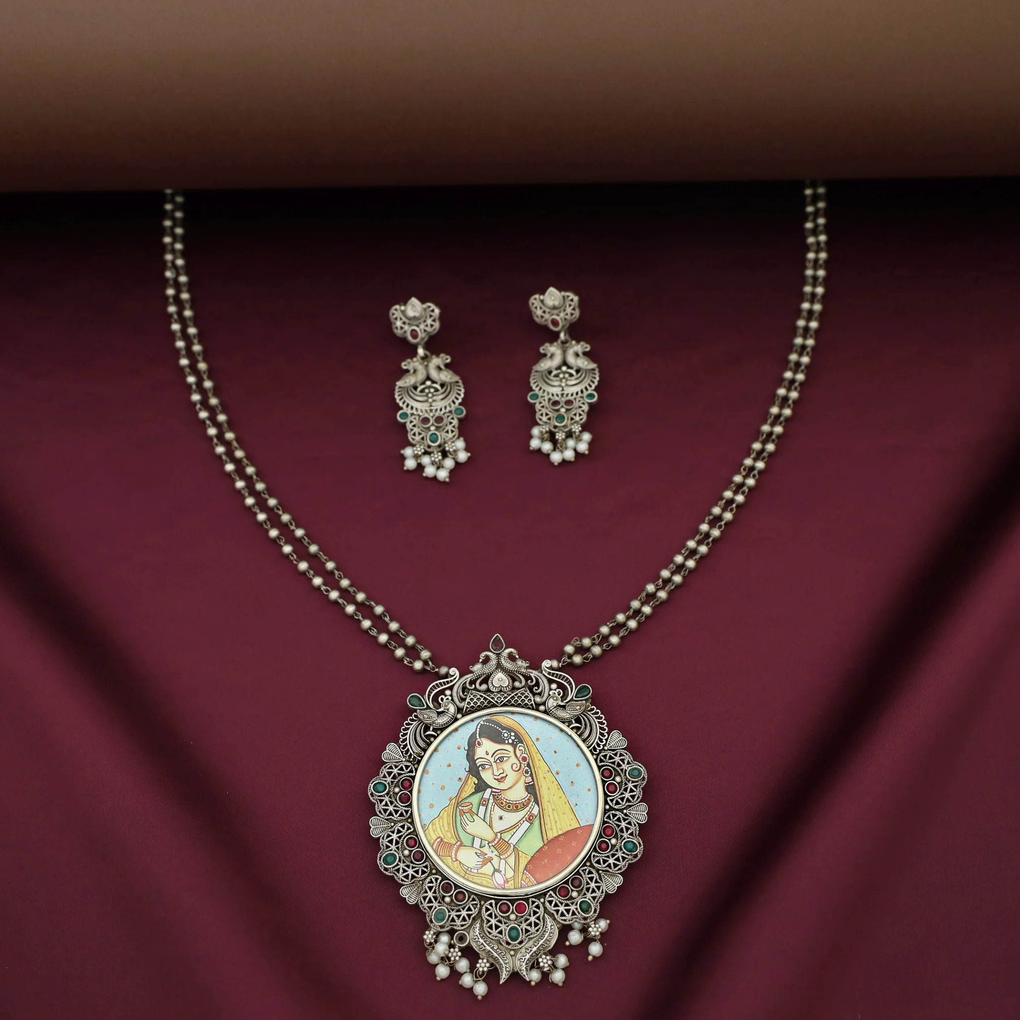 Ashly Antique Silver 2 Layer Ball Pendant Neckpiece With Earring - Image 5