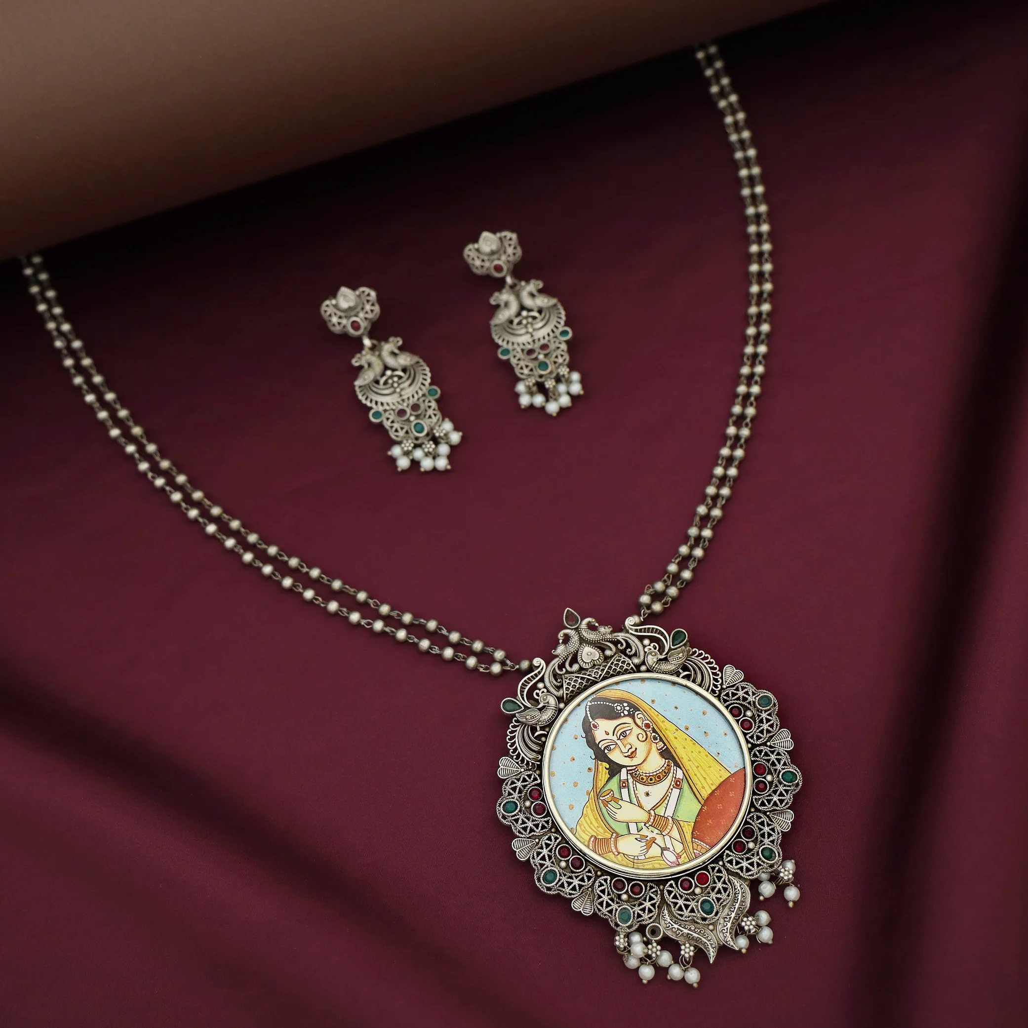 Ashly Antique Silver 2 Layer Ball Pendant Neckpiece With Earring - Image 6
