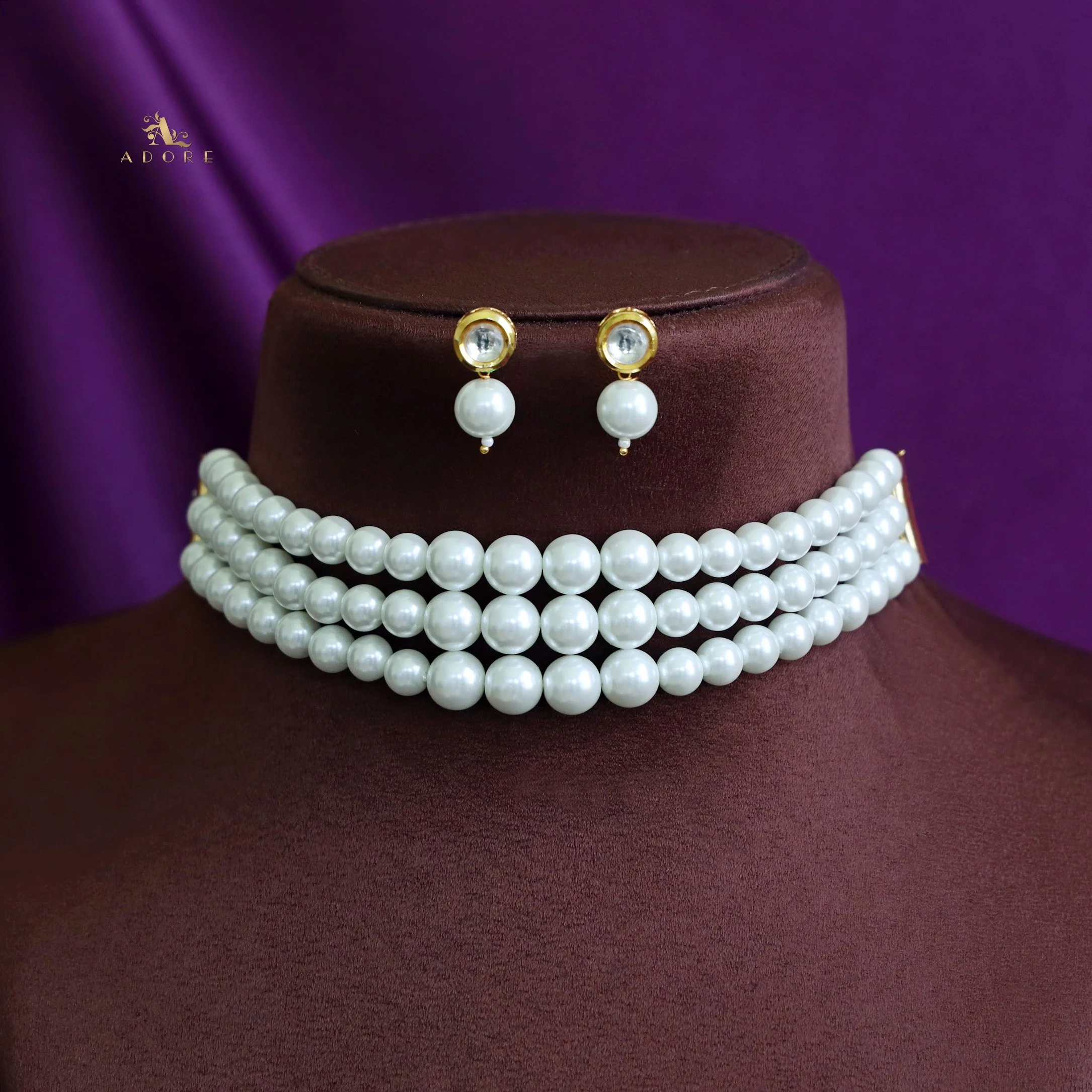 Ashmika Premium Pearl 3 Layer Kundan Choker with Earring - Image 2