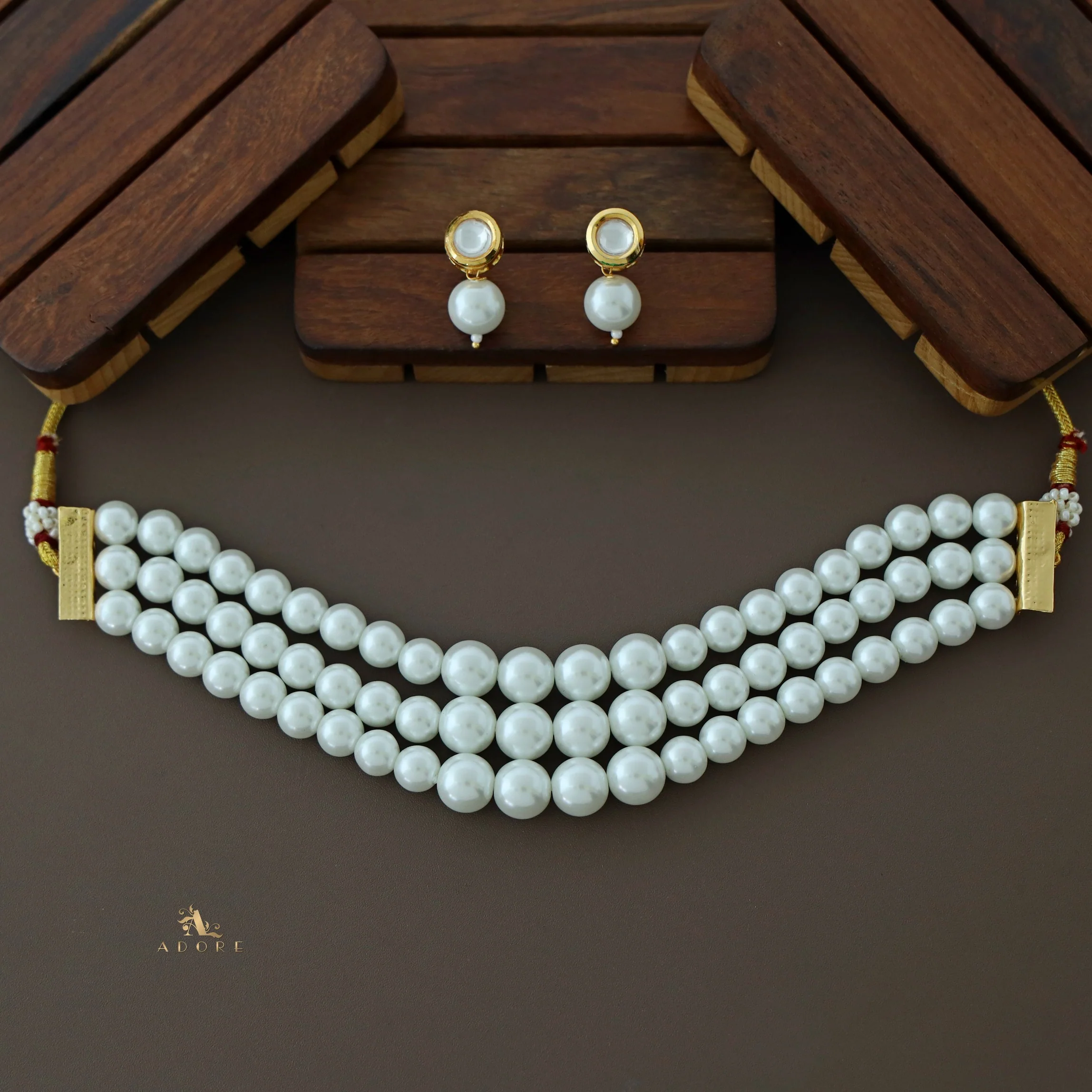 Ashmika Premium Pearl 3 Layer Kundan Choker with Earring - Image 3