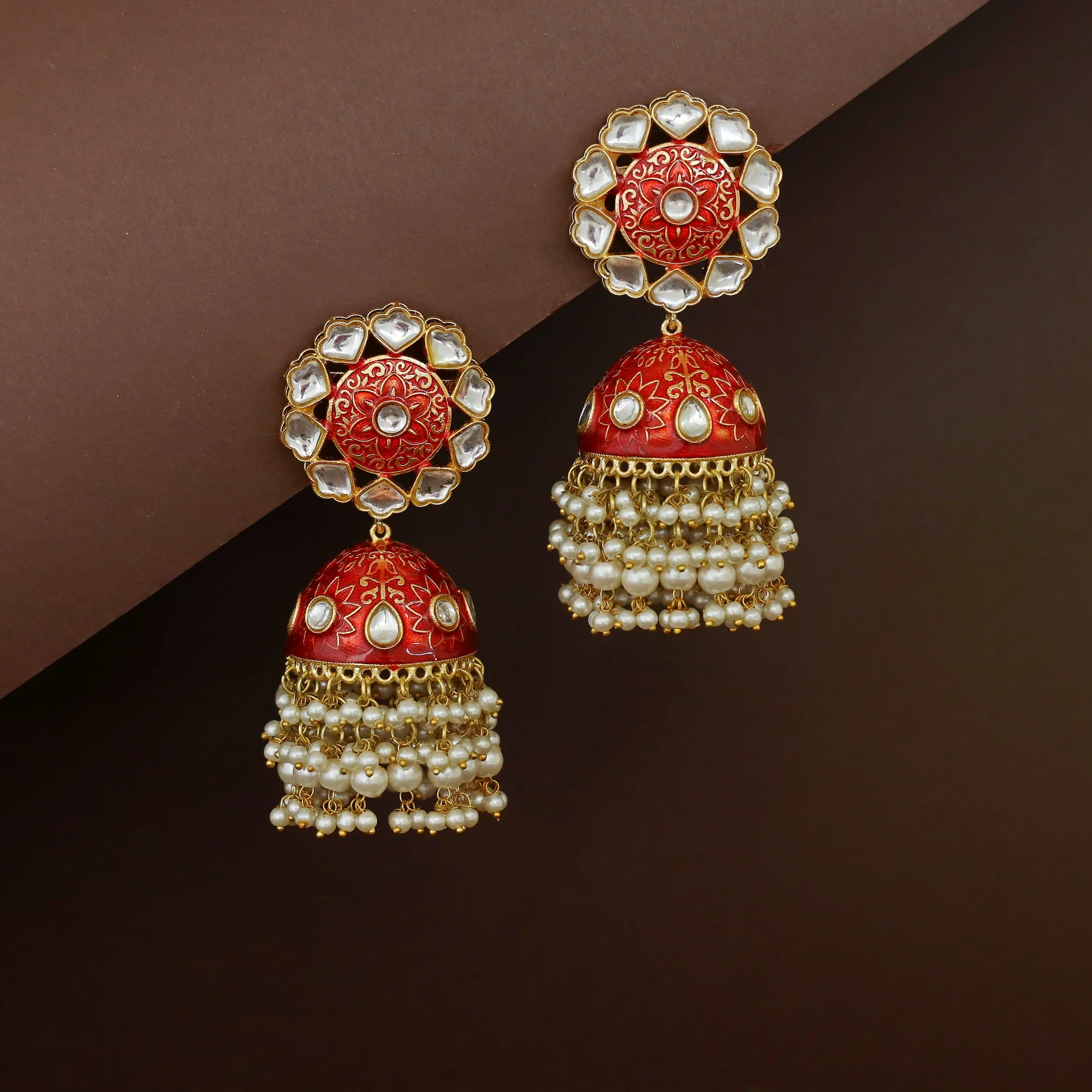 Asiha Floral Cluster Pearl Meenakari Kundan Jhumka - Image 2