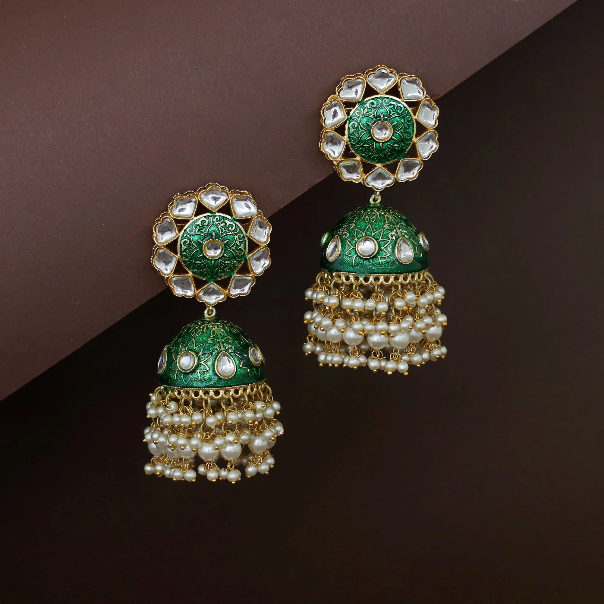 Asiha Floral Cluster Pearl Meenakari Kundan Jhumka - Image 3