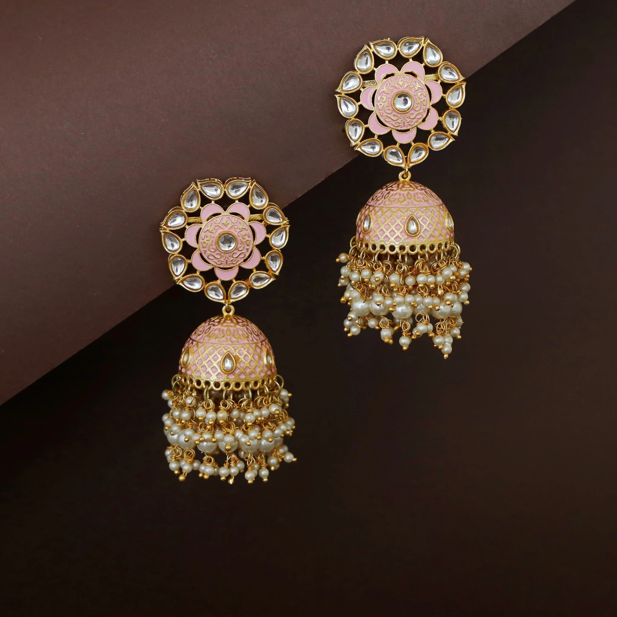 Asiha Floral Cluster Pearl Meenakari Kundan Jhumka - Image 4