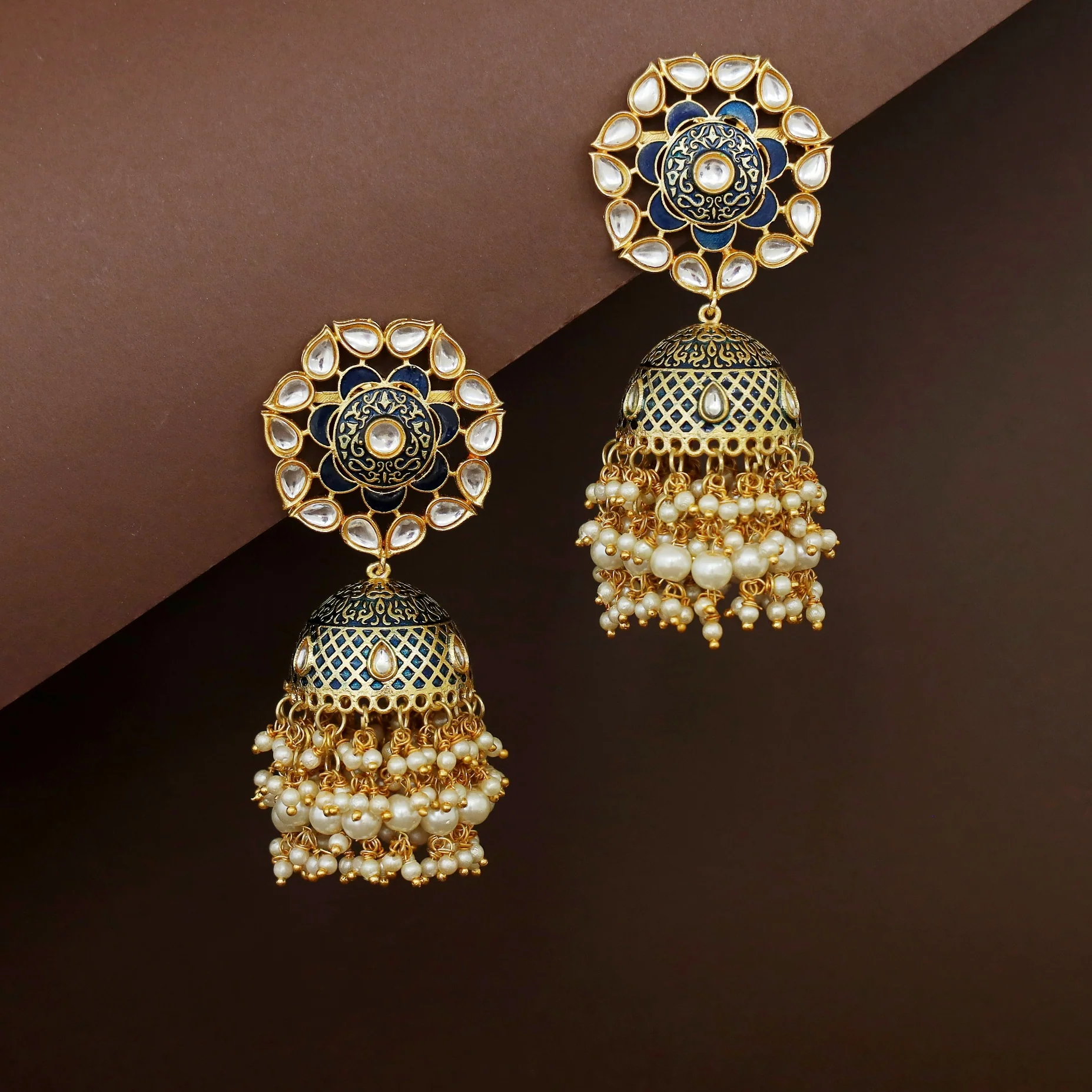 Asiha Floral Cluster Pearl Meenakari Kundan Jhumka - Image 5