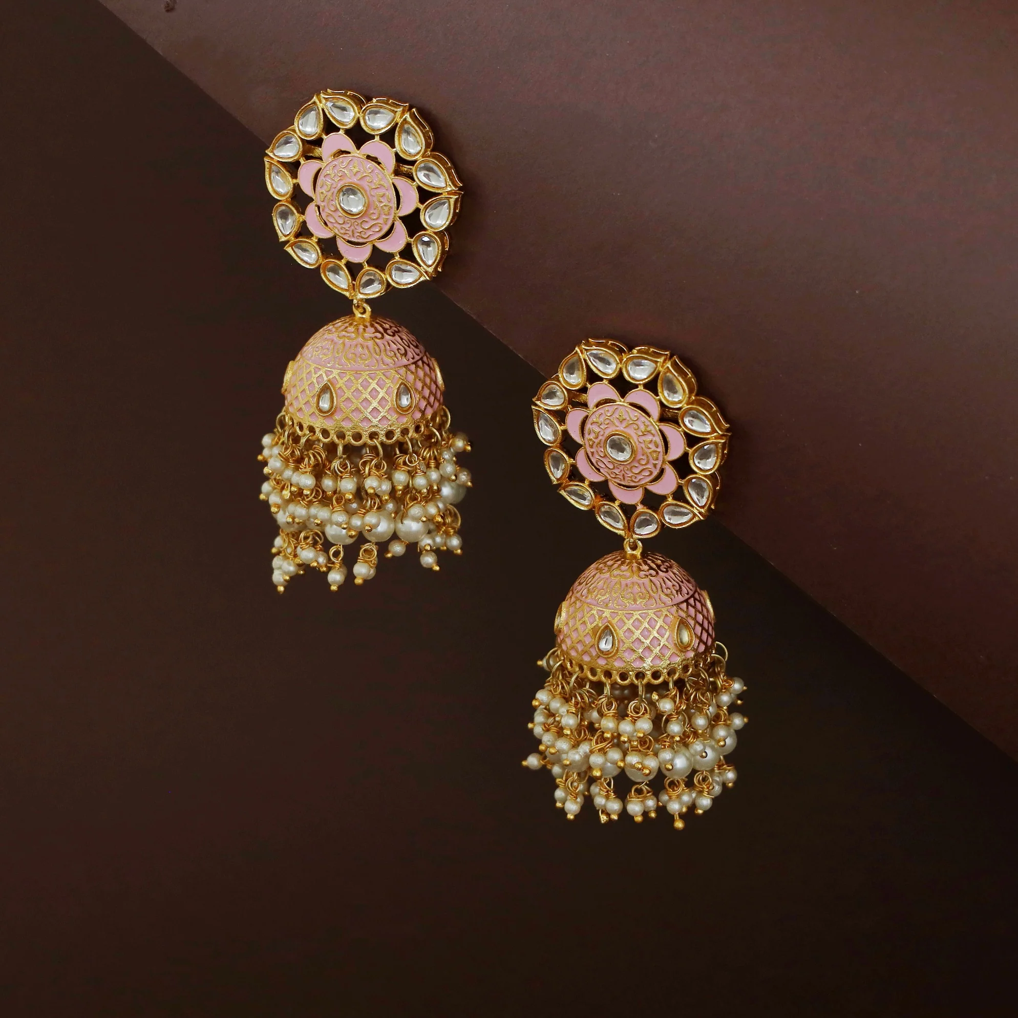 Asiha Floral Cluster Pearl Meenakari Kundan Jhumka - Image 6