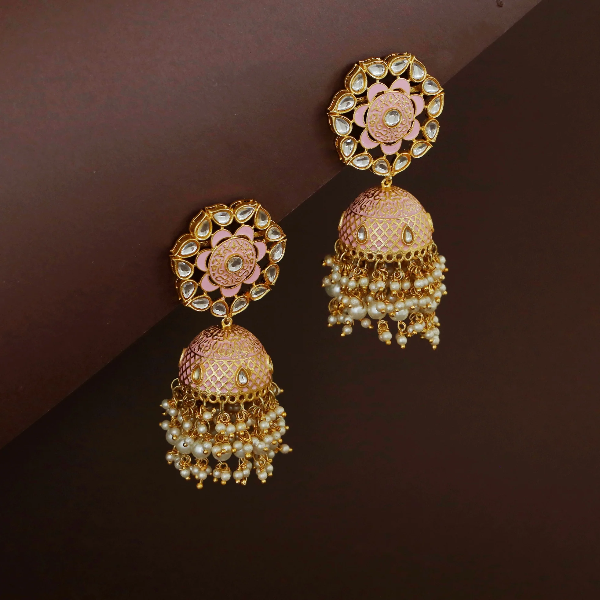 Asiha Floral Cluster Pearl Meenakari Kundan Jhumka - Image 7