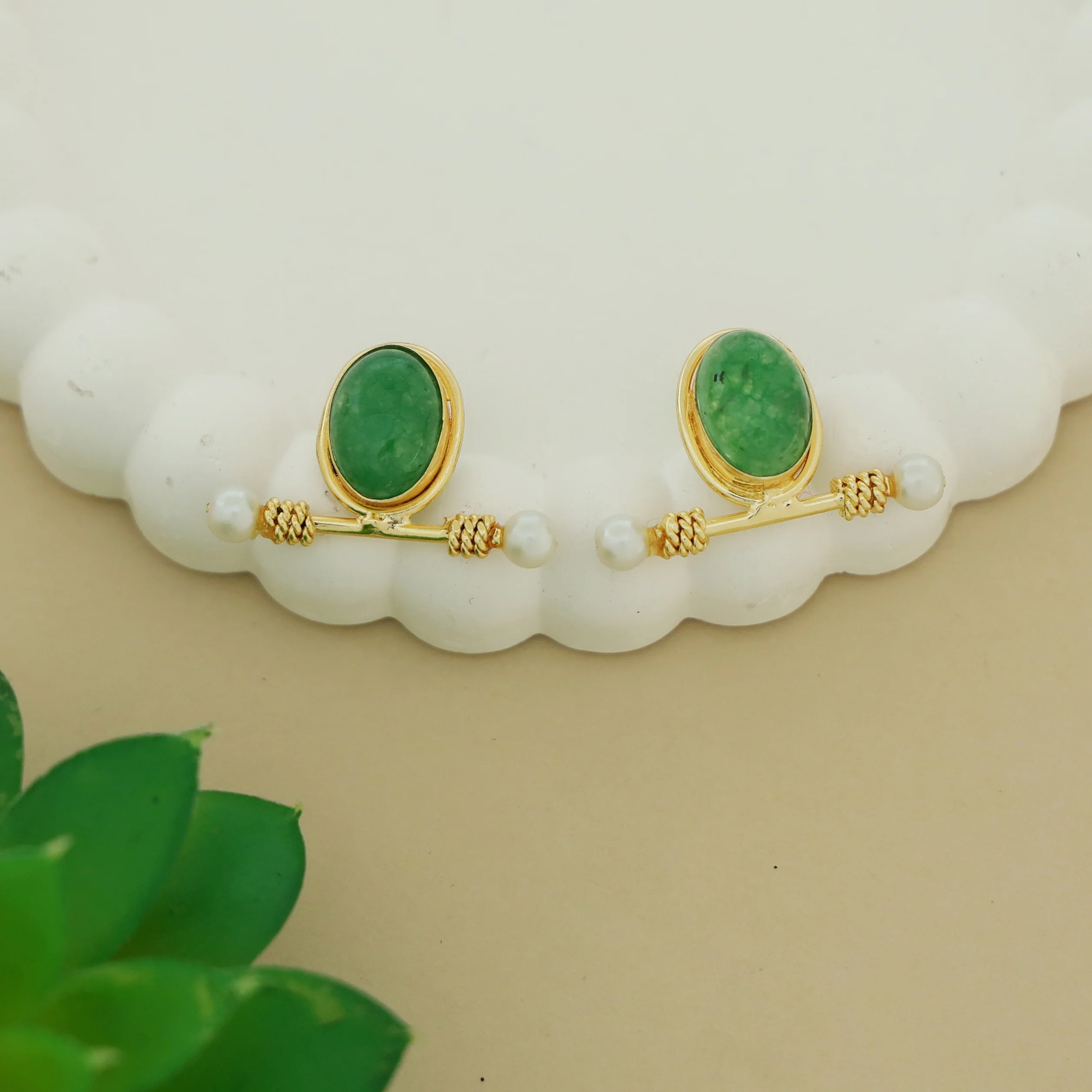 Asja Dual Pearl Sticky Oval Natural Stone Earring - Image 2