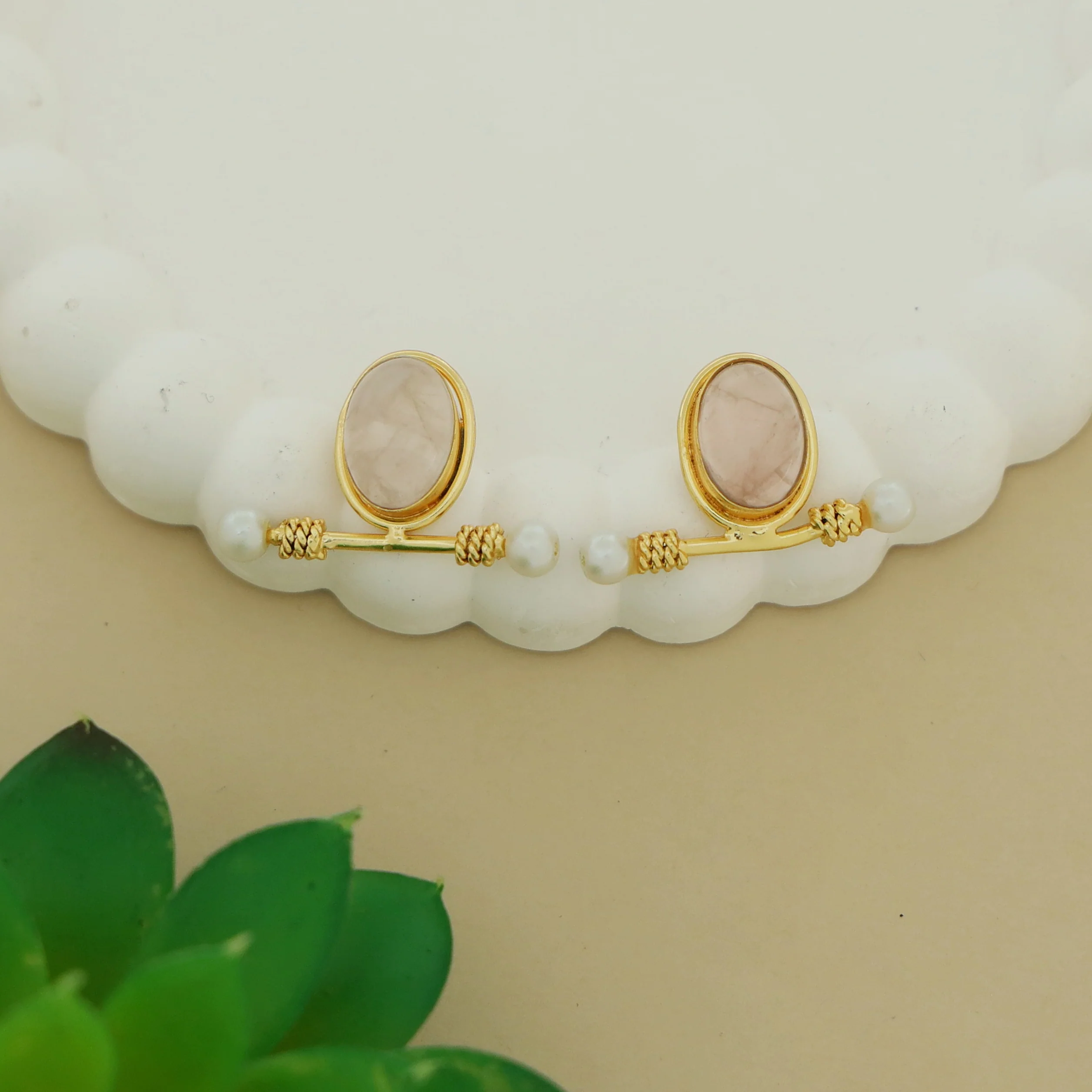 Asja Dual Pearl Sticky Oval Natural Stone Earring - Image 4