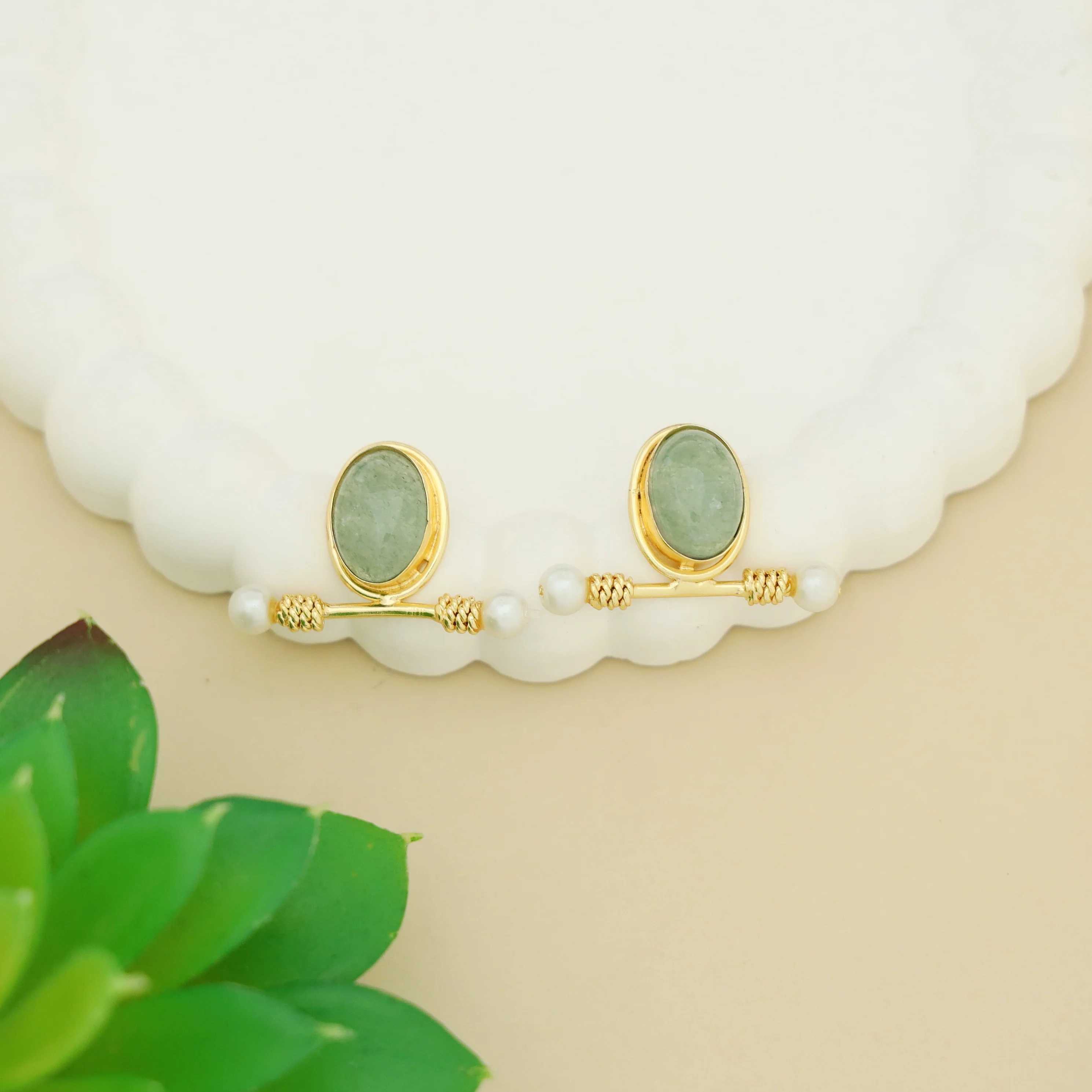 Asja Dual Pearl Sticky Oval Natural Stone Earring - Image 5