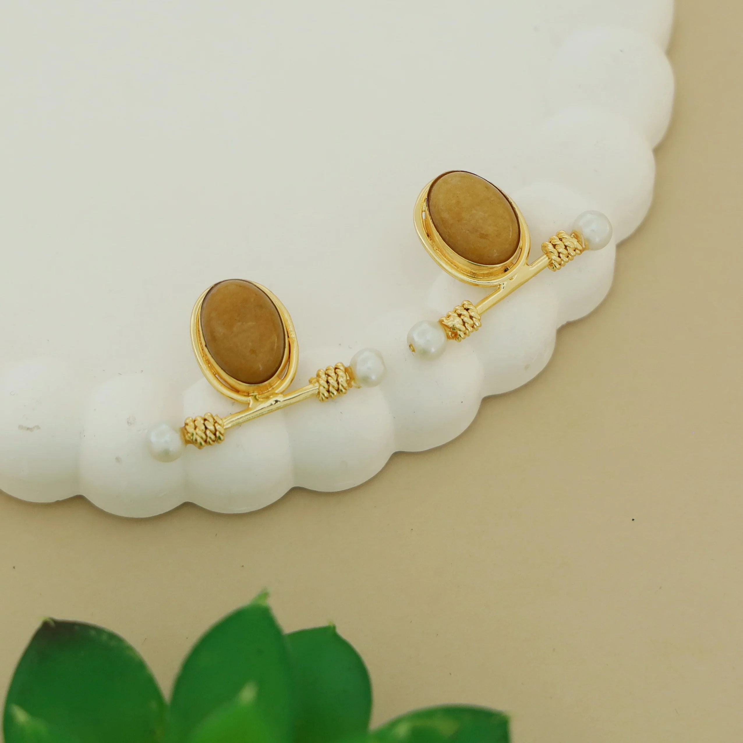 Asja Dual Pearl Sticky Oval Natural Stone Earring - Image 7