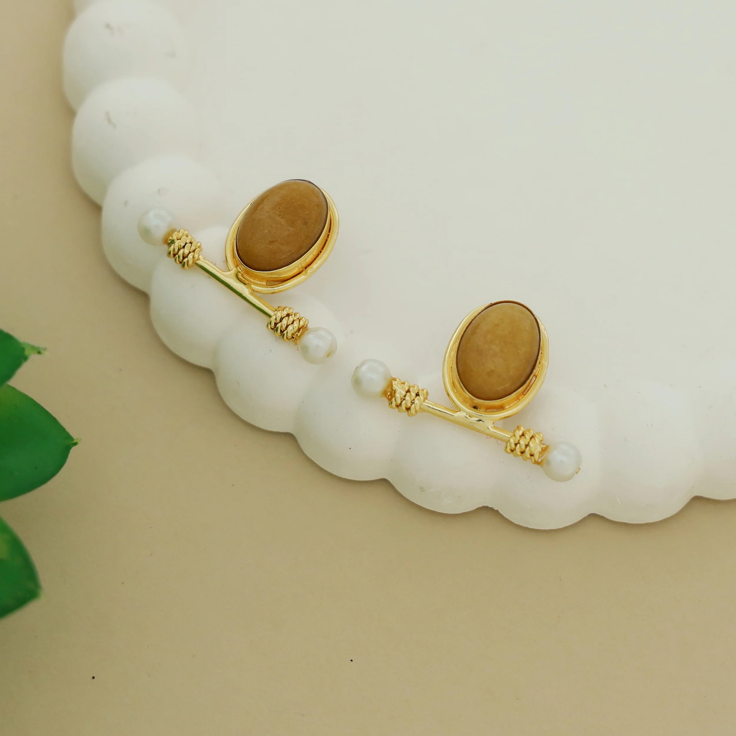 Asja Dual Pearl Sticky Oval Natural Stone Earring - Image 8