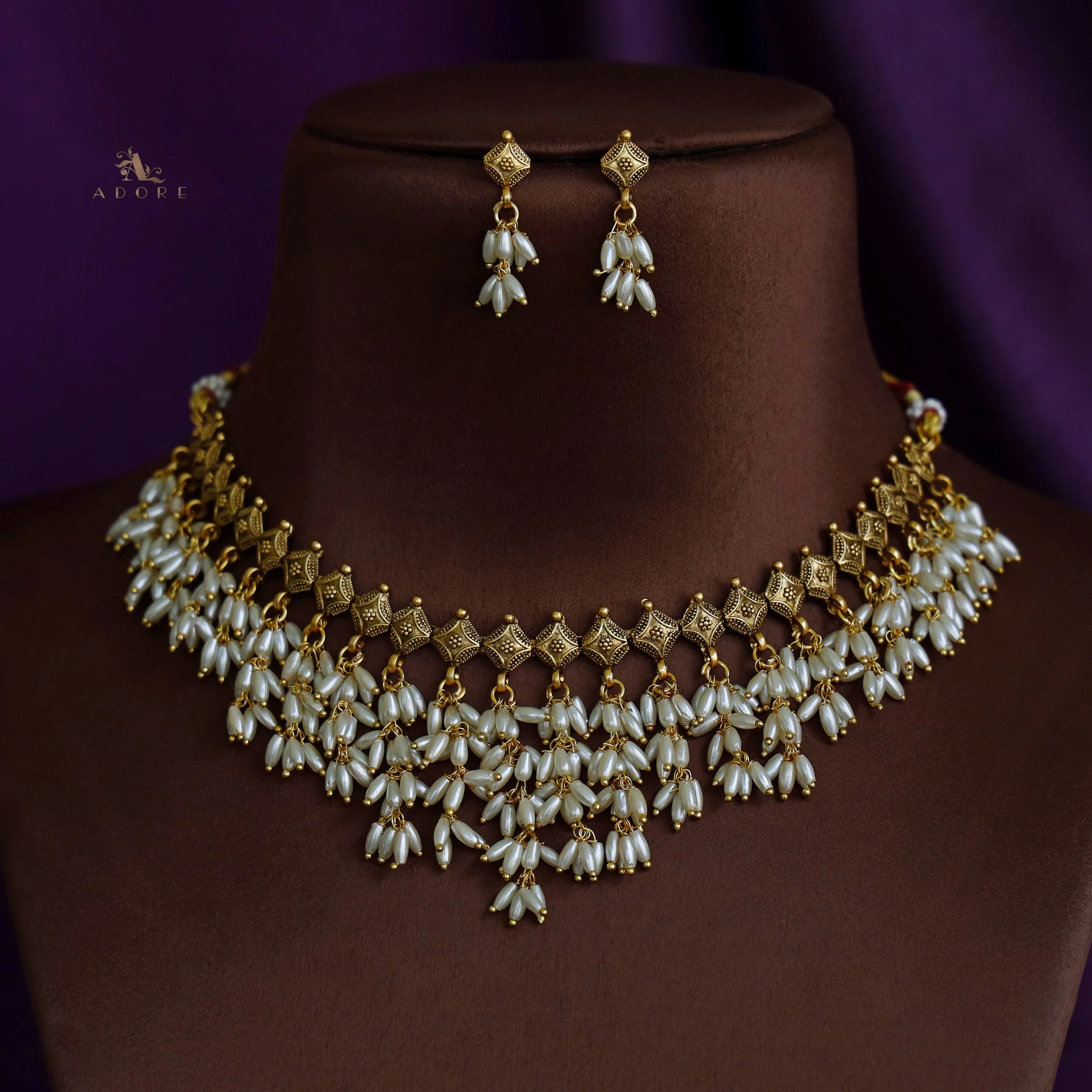 Asthra Rice Pearl Short Neckpiece with Earring - Image 3