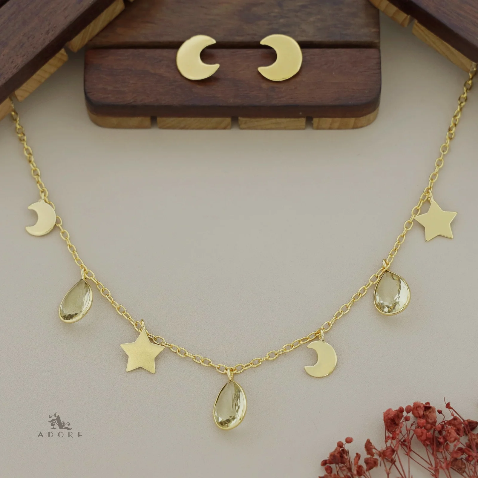 Astral Glossy Tri Drop Neckpiece With Golden Moon Stud - Image 10