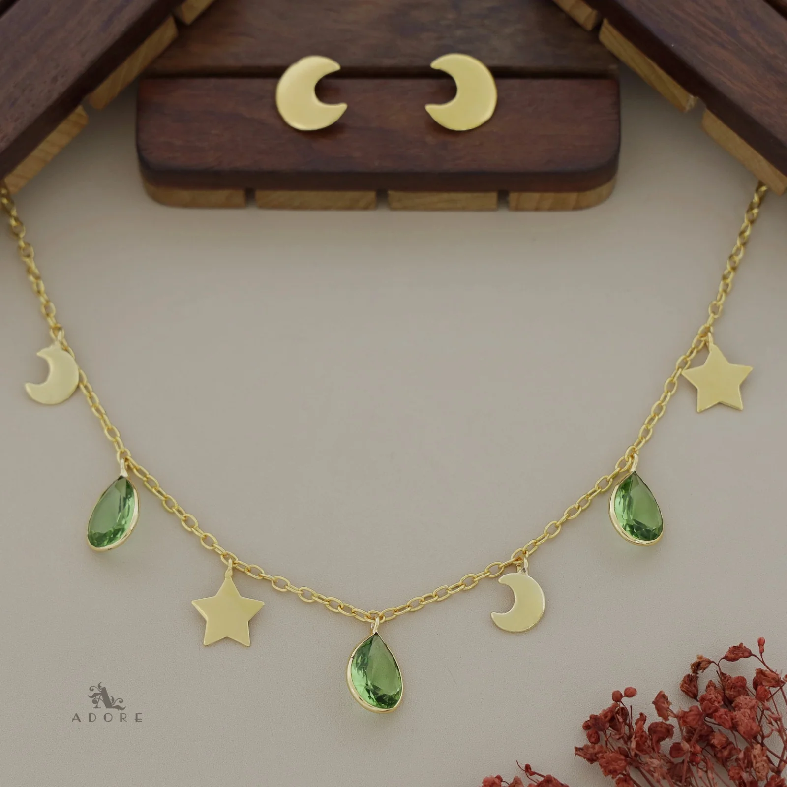 Astral Glossy Tri Drop Neckpiece With Golden Moon Stud - Image 11