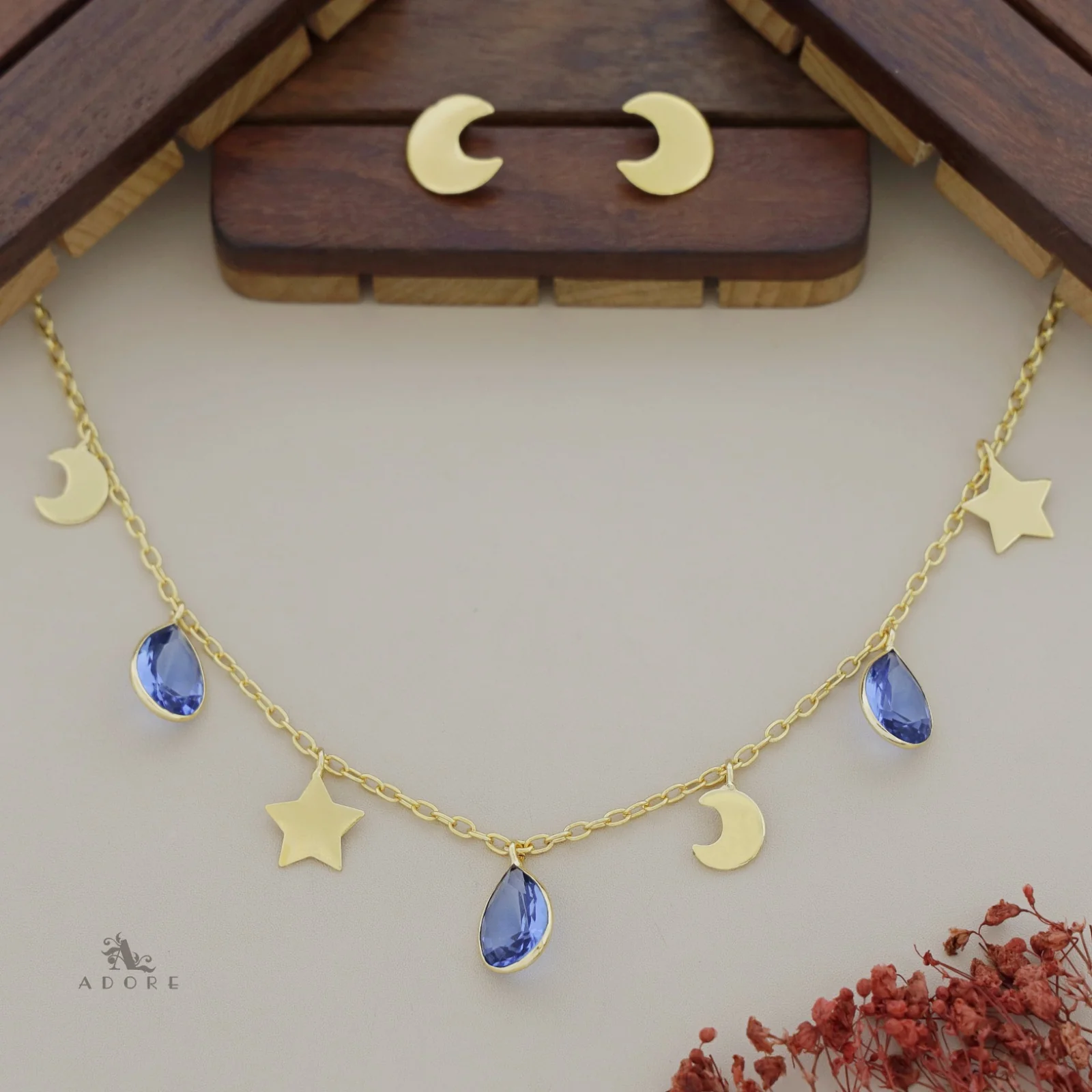 Astral Glossy Tri Drop Neckpiece With Golden Moon Stud - Image 12