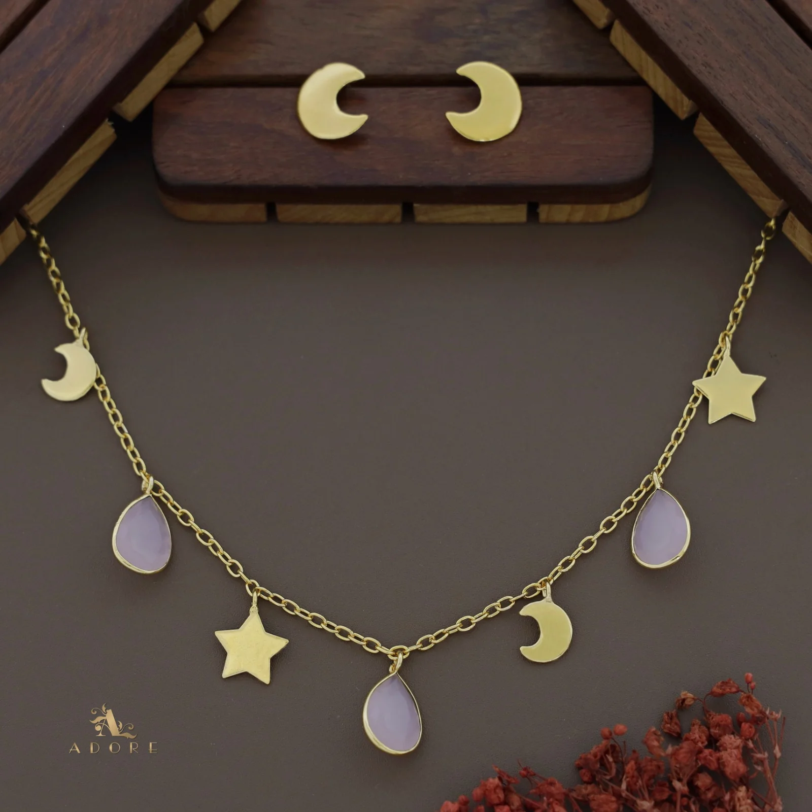 Astral Glossy Tri Drop Neckpiece With Golden Moon Stud - Image 13