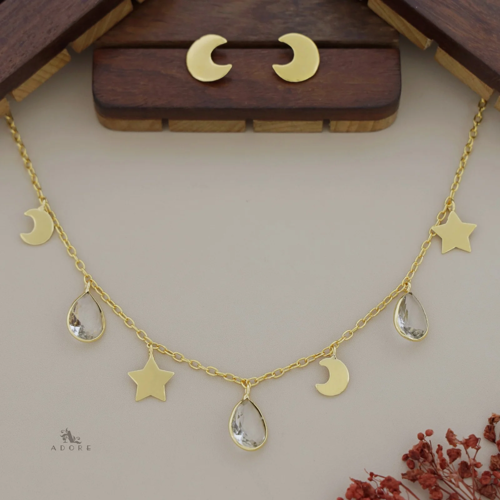 Astral Glossy Tri Drop Neckpiece With Golden Moon Stud - Image 14