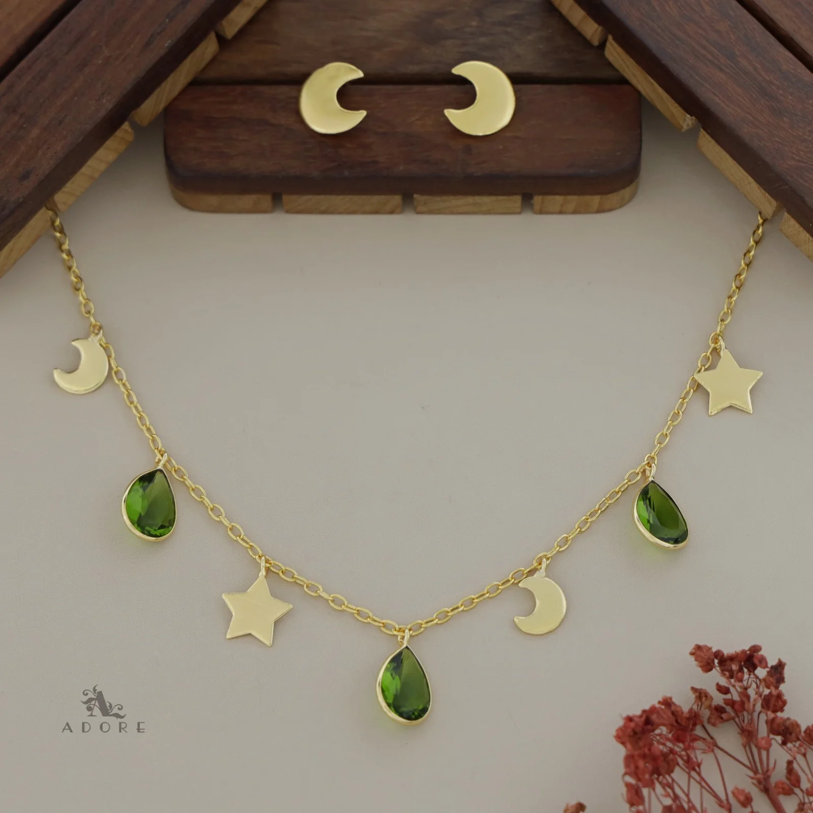 Astral Glossy Tri Drop Neckpiece With Golden Moon Stud - Image 15