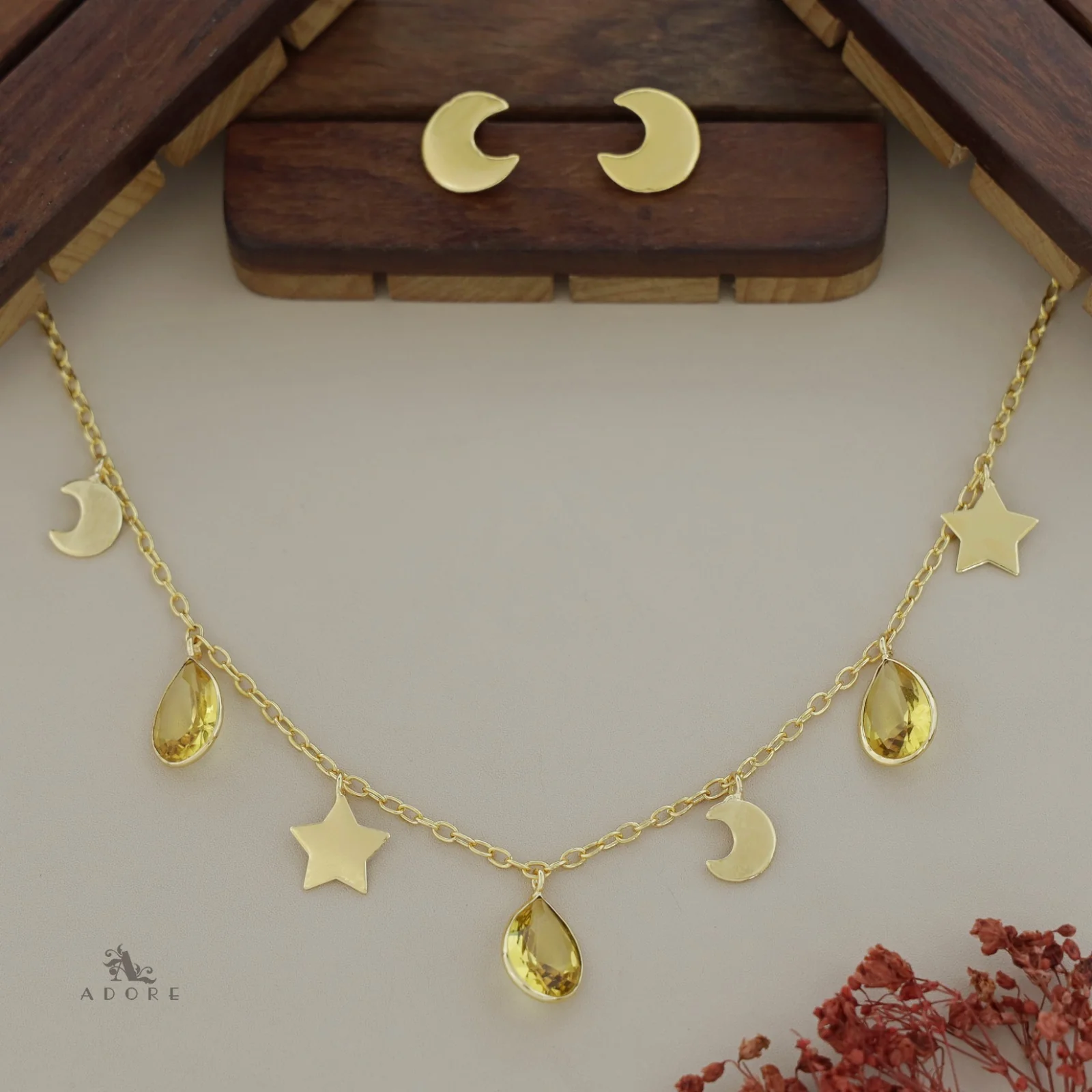 Astral Glossy Tri Drop Neckpiece With Golden Moon Stud - Image 16
