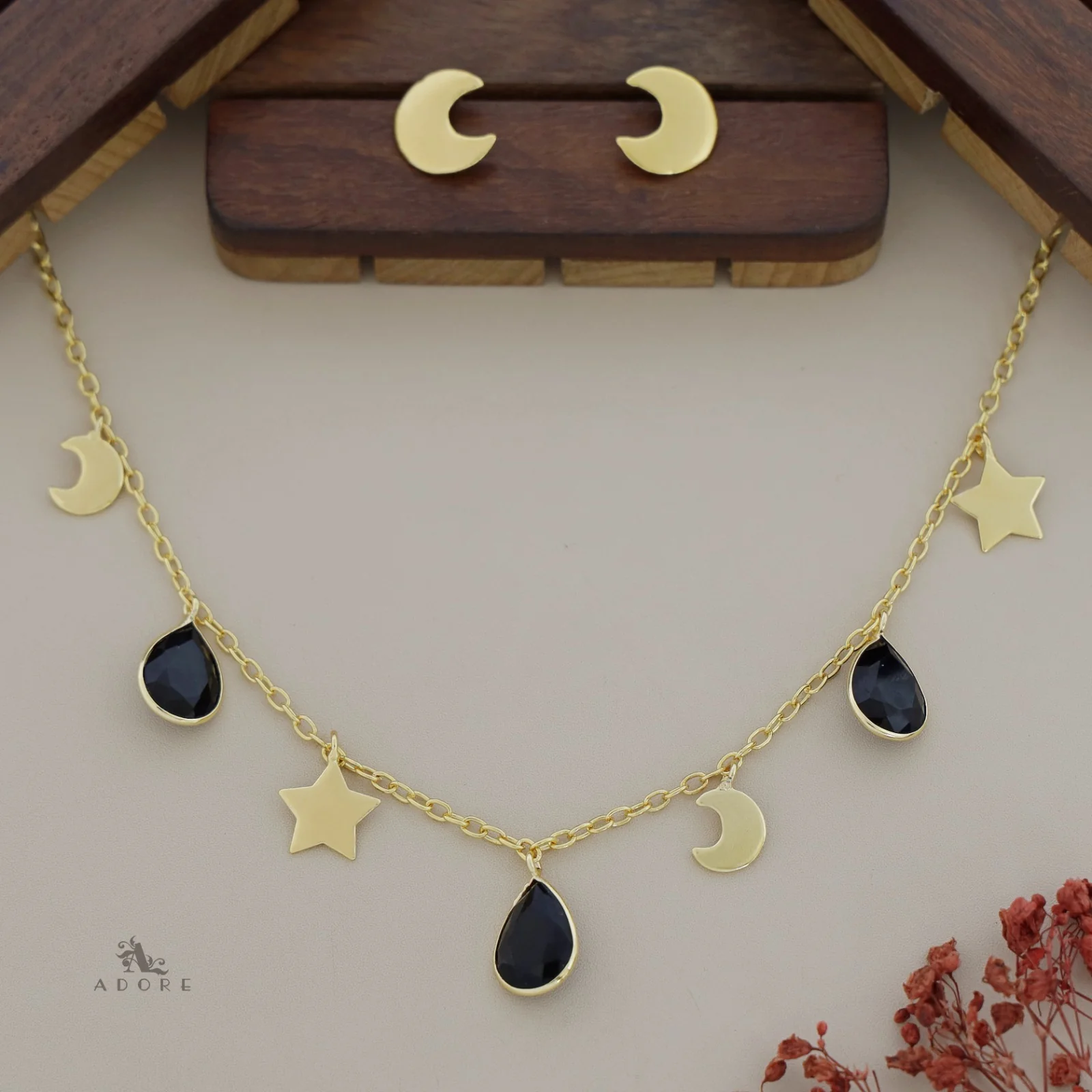 Astral Glossy Tri Drop Neckpiece With Golden Moon Stud - Image 17