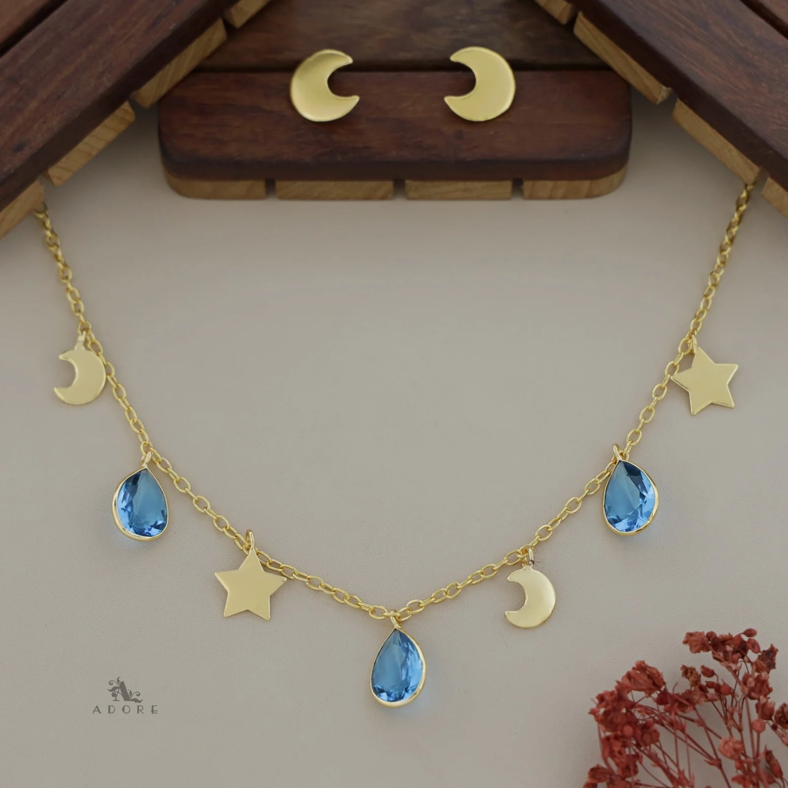 Astral Glossy Tri Drop Neckpiece With Golden Moon Stud - Image 18