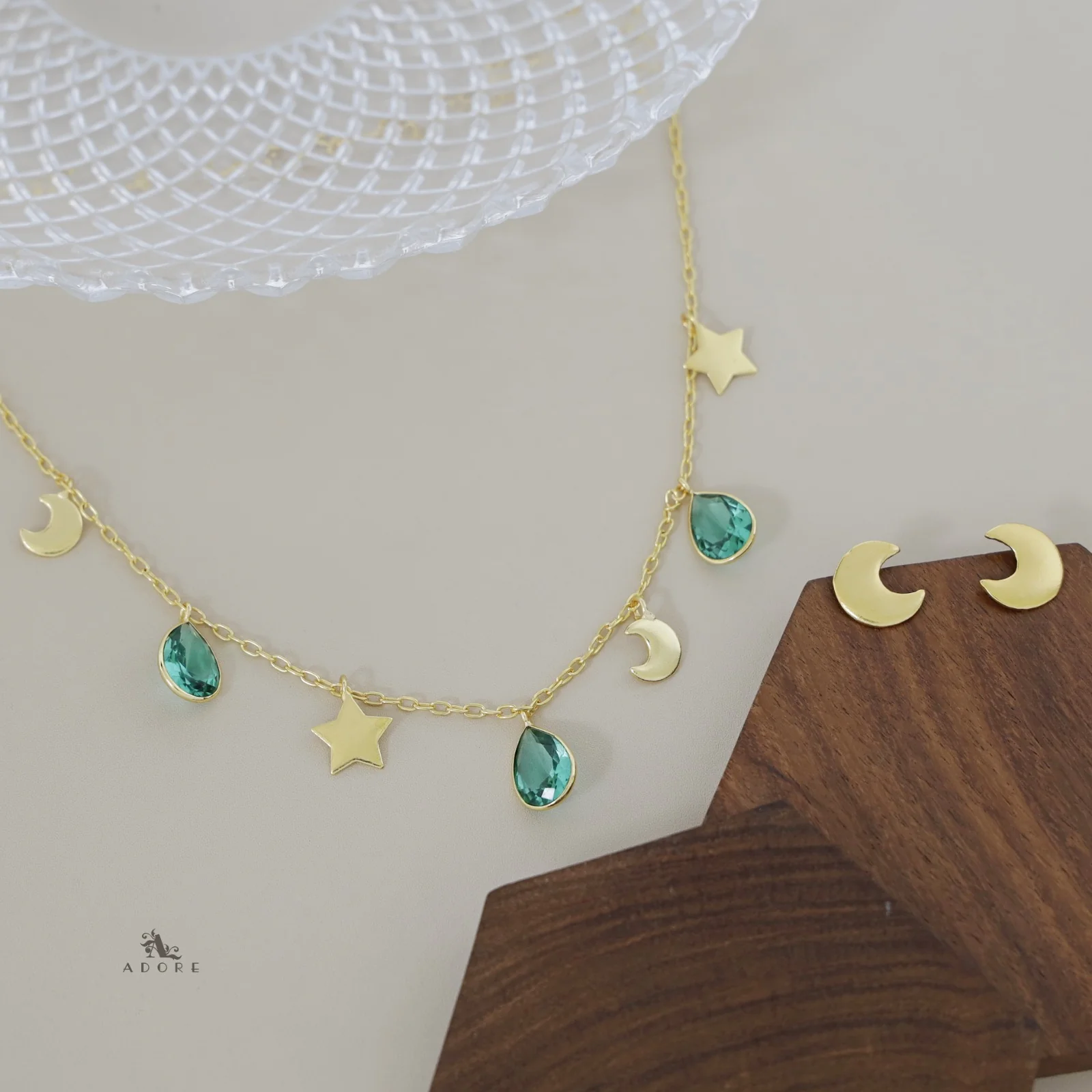 Astral Glossy Tri Drop Neckpiece With Golden Moon Stud - Image 19