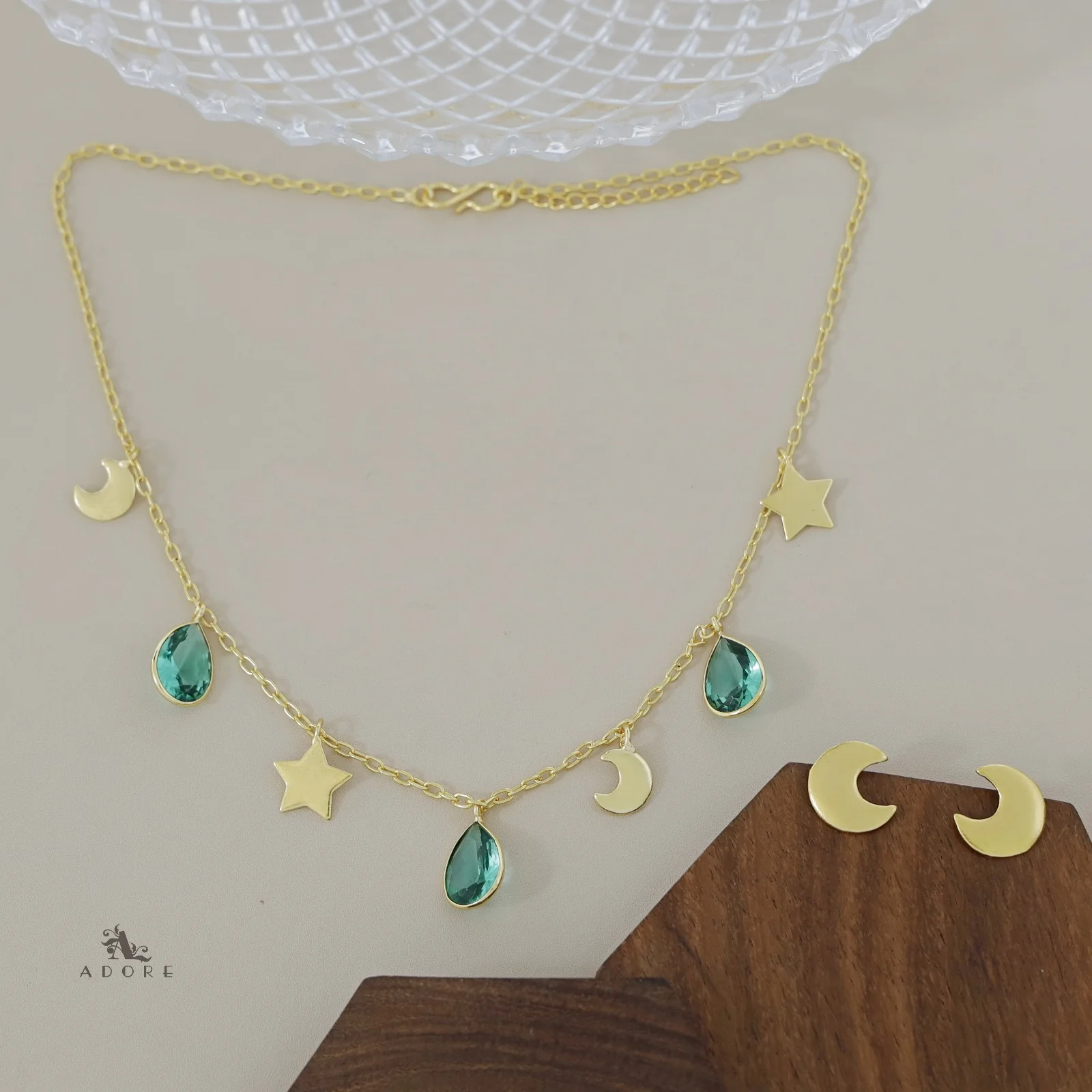 Astral Glossy Tri Drop Neckpiece With Golden Moon Stud - Image 20