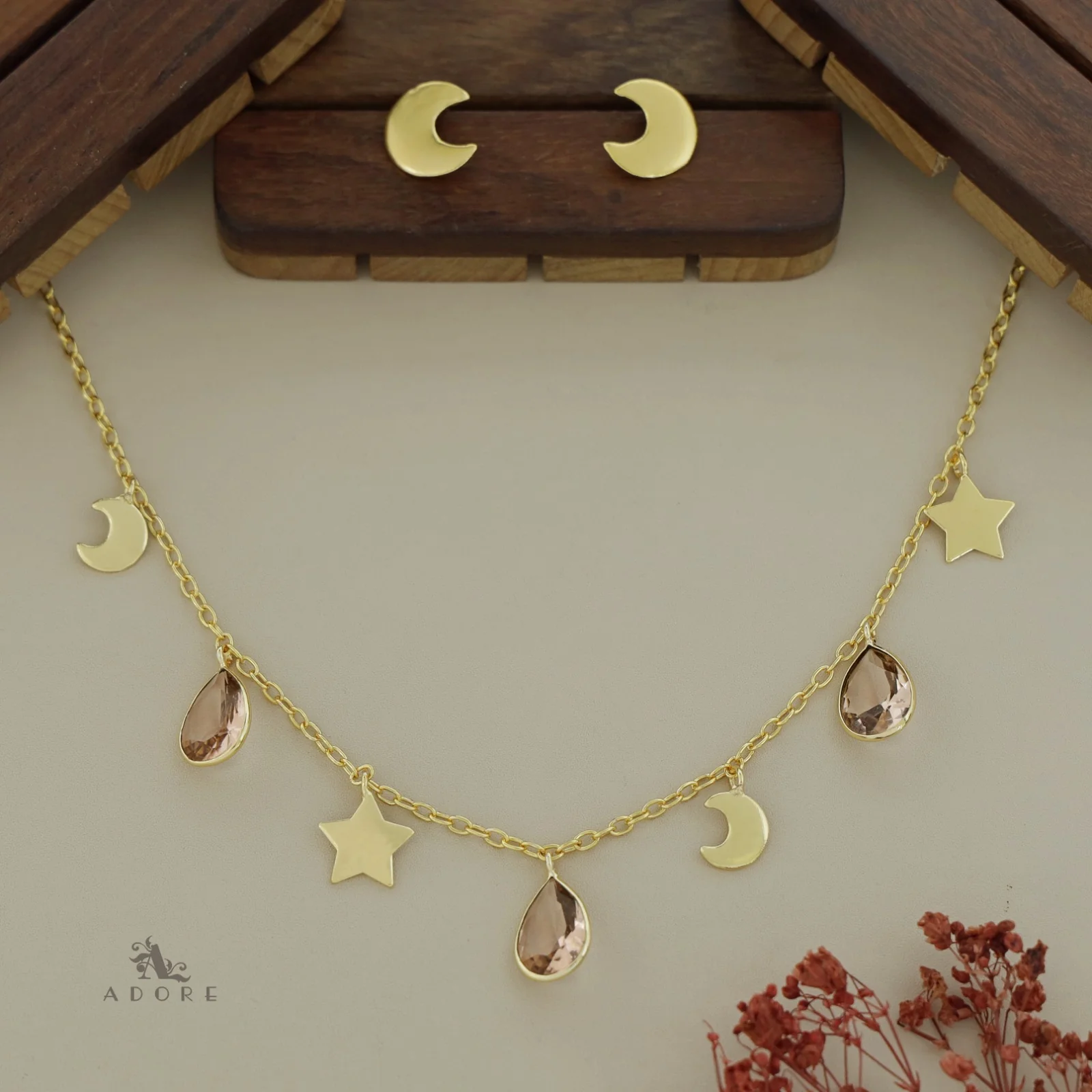 Astral Glossy Tri Drop Neckpiece With Golden Moon Stud - Image 21