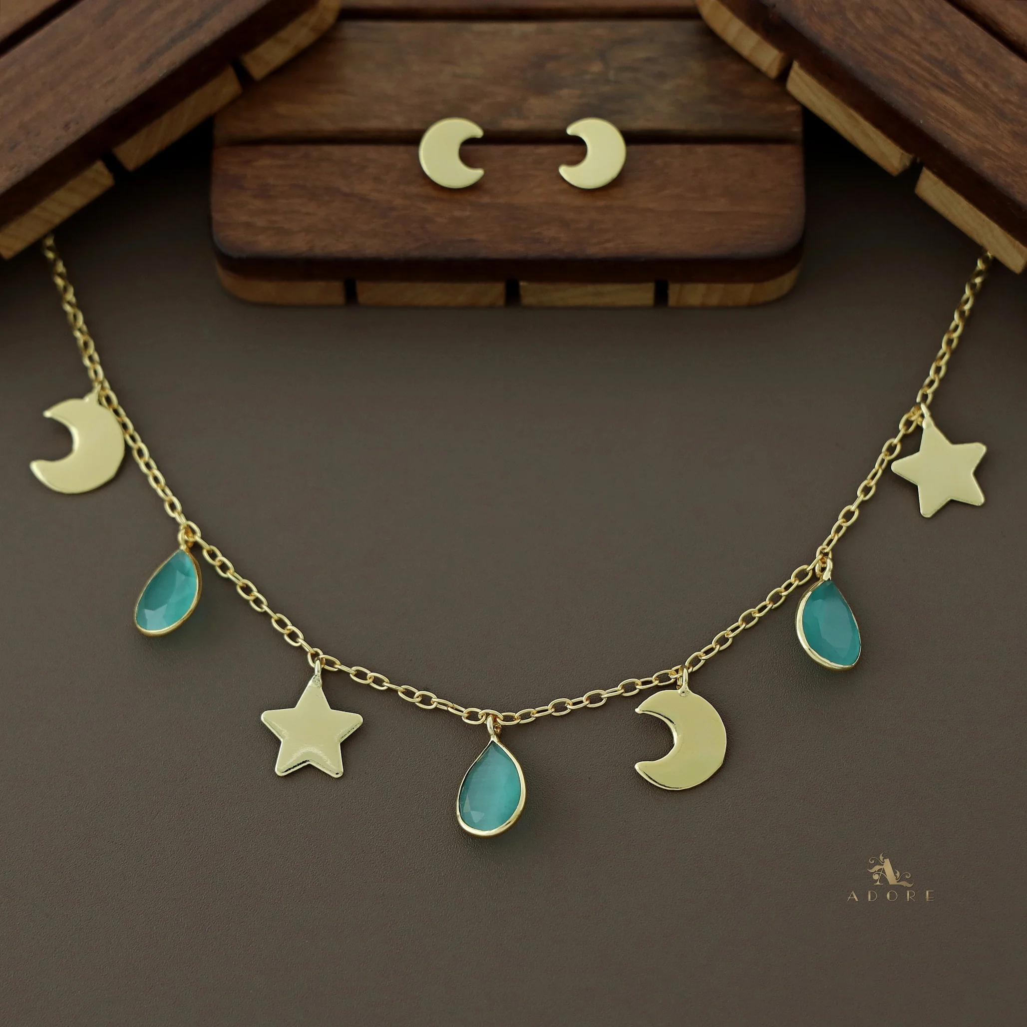 Astral Glossy Tri Drop Neckpiece With Golden Moon Stud - Image 23